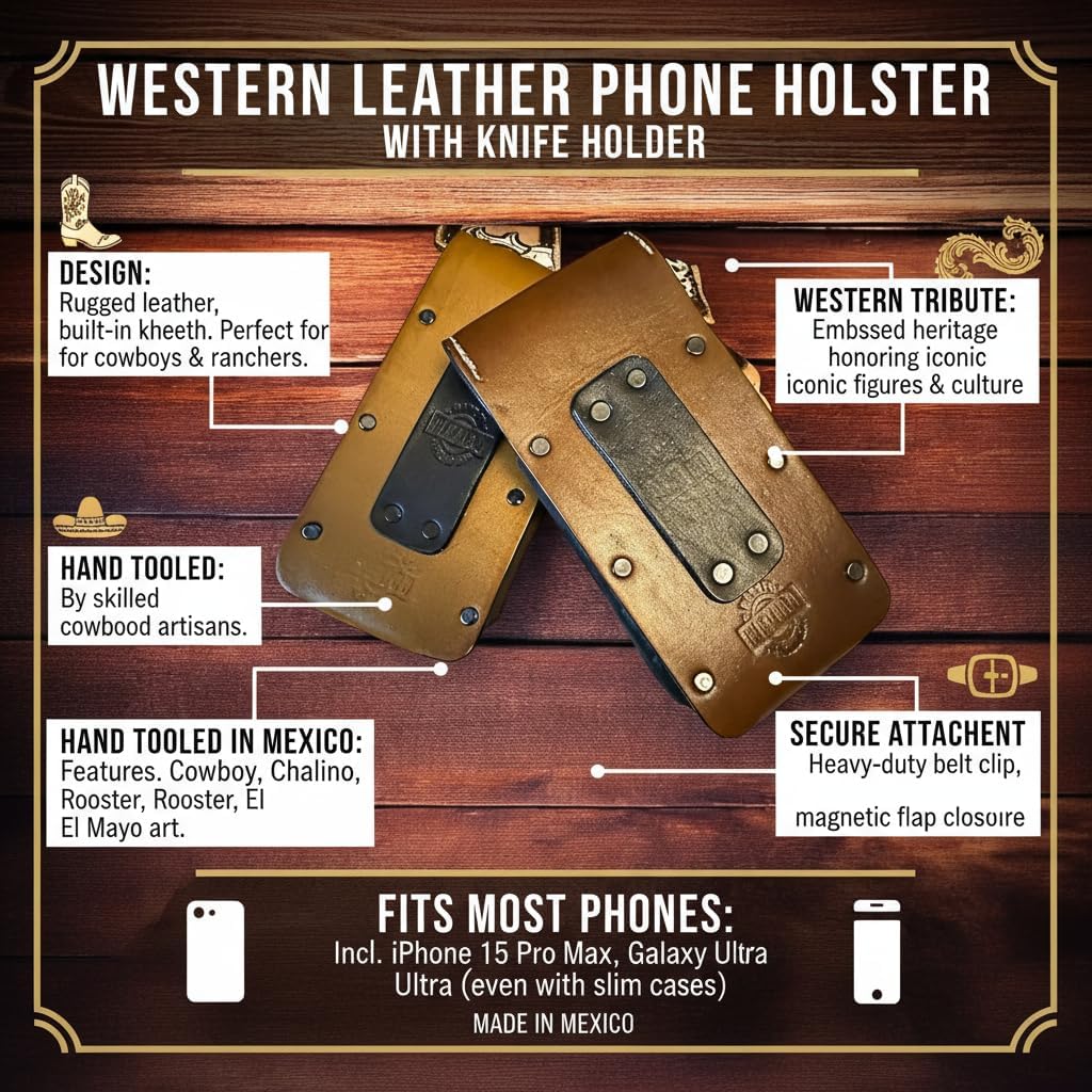 Leather Phone Holster & Knife Holder - Hand Tooled Cowboy, Chalino, Rooster, El Mayo - Made in Mexico Belt Case for Phone