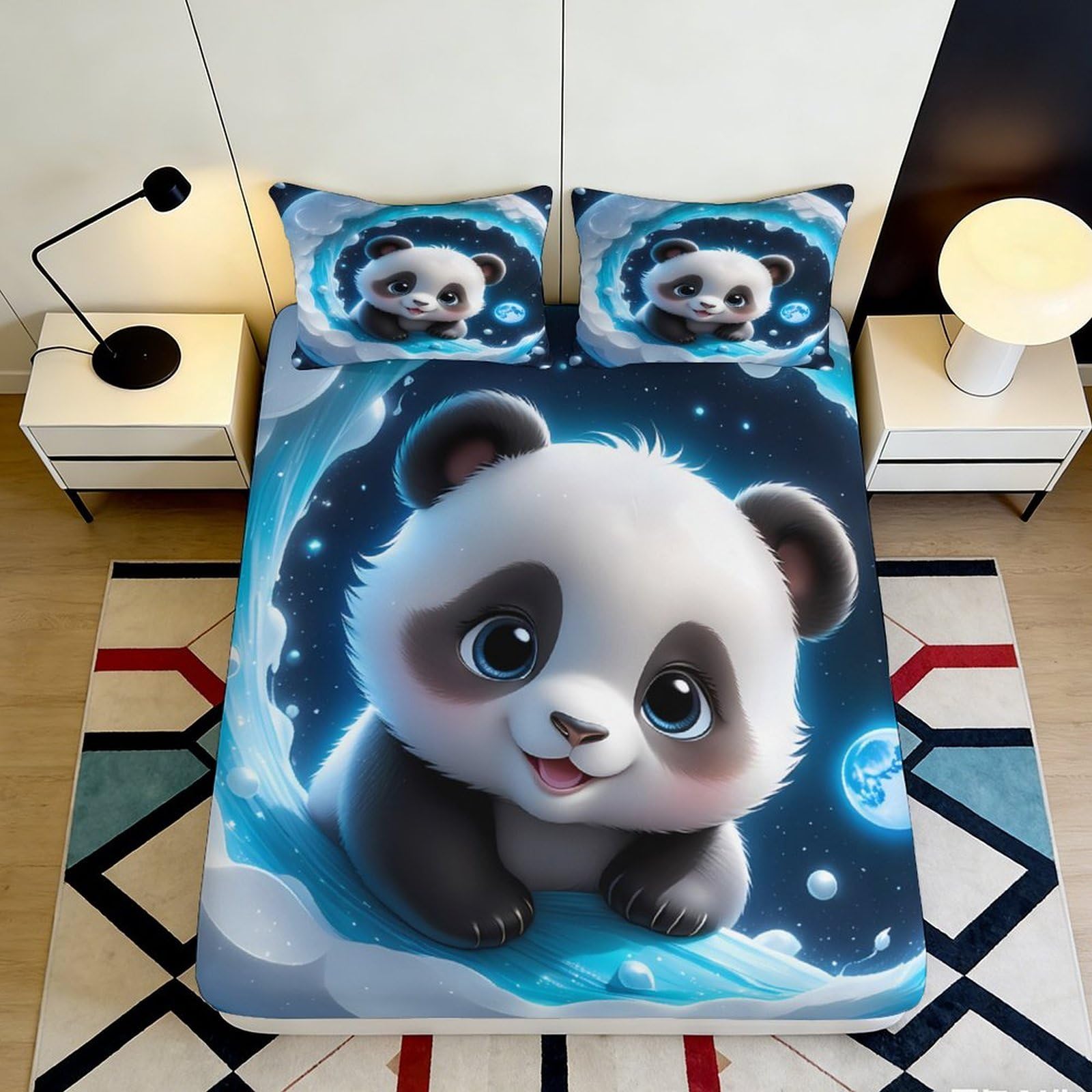 3D Printed Cute Panda Galaxy Fitted Sheet Microfiber Soft Bed Cover Cartoon Moon Mattress Protector for Bedroom Guest Room 90x200x25cm