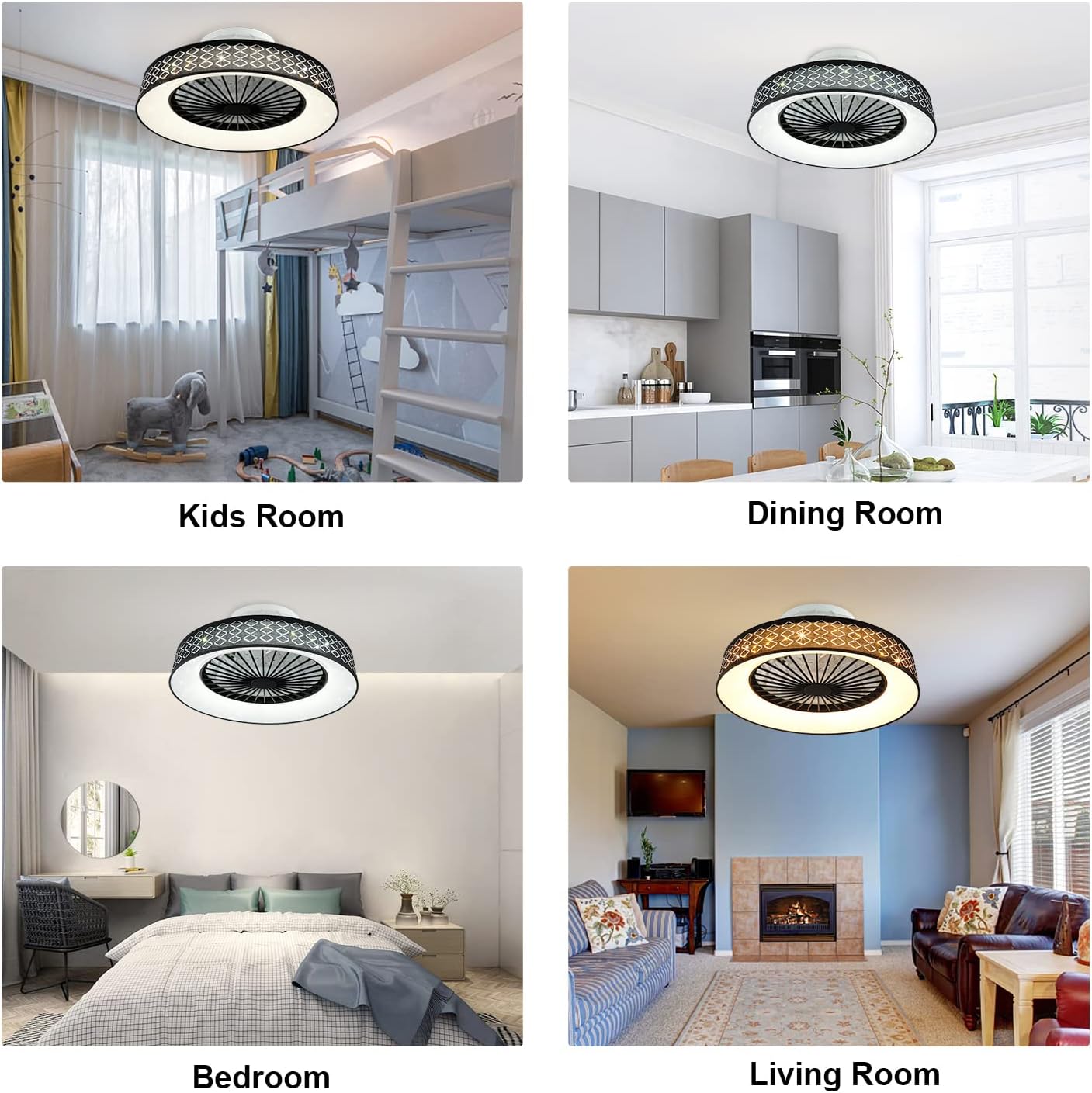 DLLT Remote Ceiling Fan with LED Light-30W Small Ceiling Fan Light Fixture Flush Mount, 7 Invisible Blades, 18" Ceiling Fan for Bunk Bed, Kitchen Lighting, 3 Color temperatures and Files, Timing