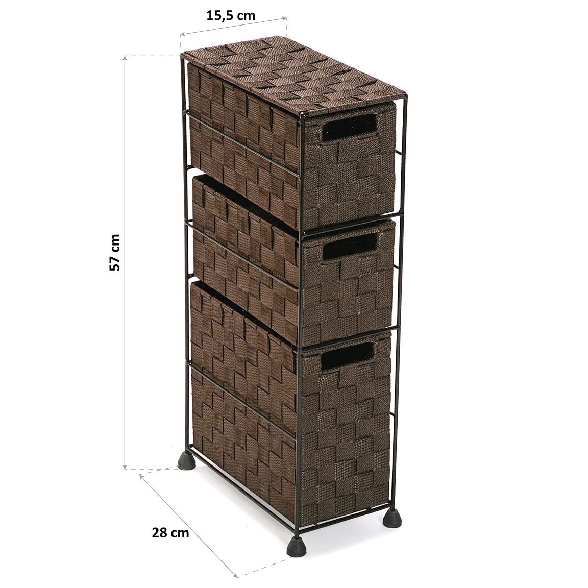 Versa Mannheim Mueble para el Baño Auxiliar, Cajonera con 3 cajones para organizar, Almacenaje Moderno y Divertido, Medidas (Al x L x An) 57 x 28 x 15,5 cm, Metal y Nylon, Color Marrón