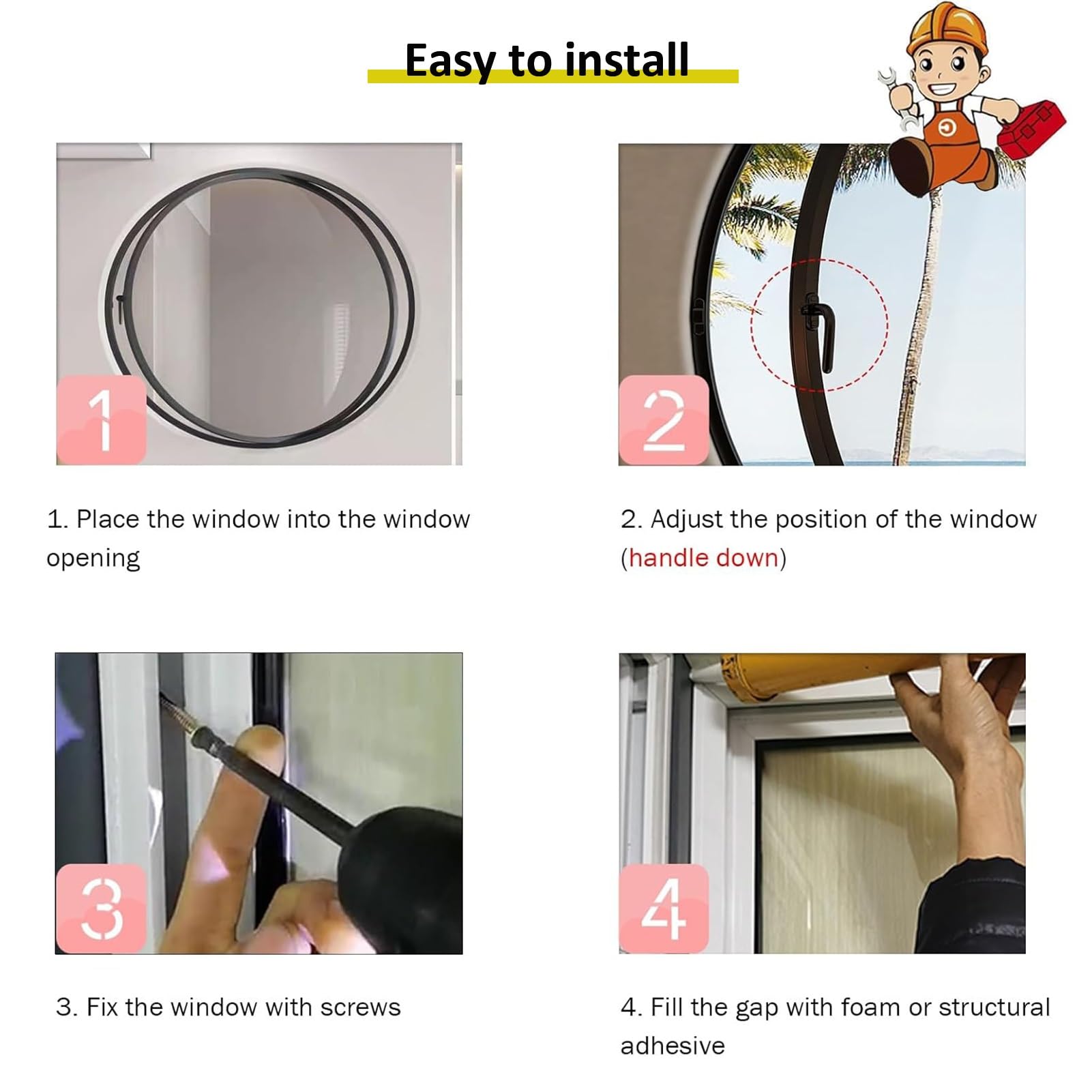Ventanas Batientes Ventana Redonda Giratoria De 15-48", Ventana De Ojo De Buey De Vidrio Templado, Ventana Abatible De Repuesto Para Baño, Sala De Estar, Dormitorio(Black,16 in/40.6 cm)