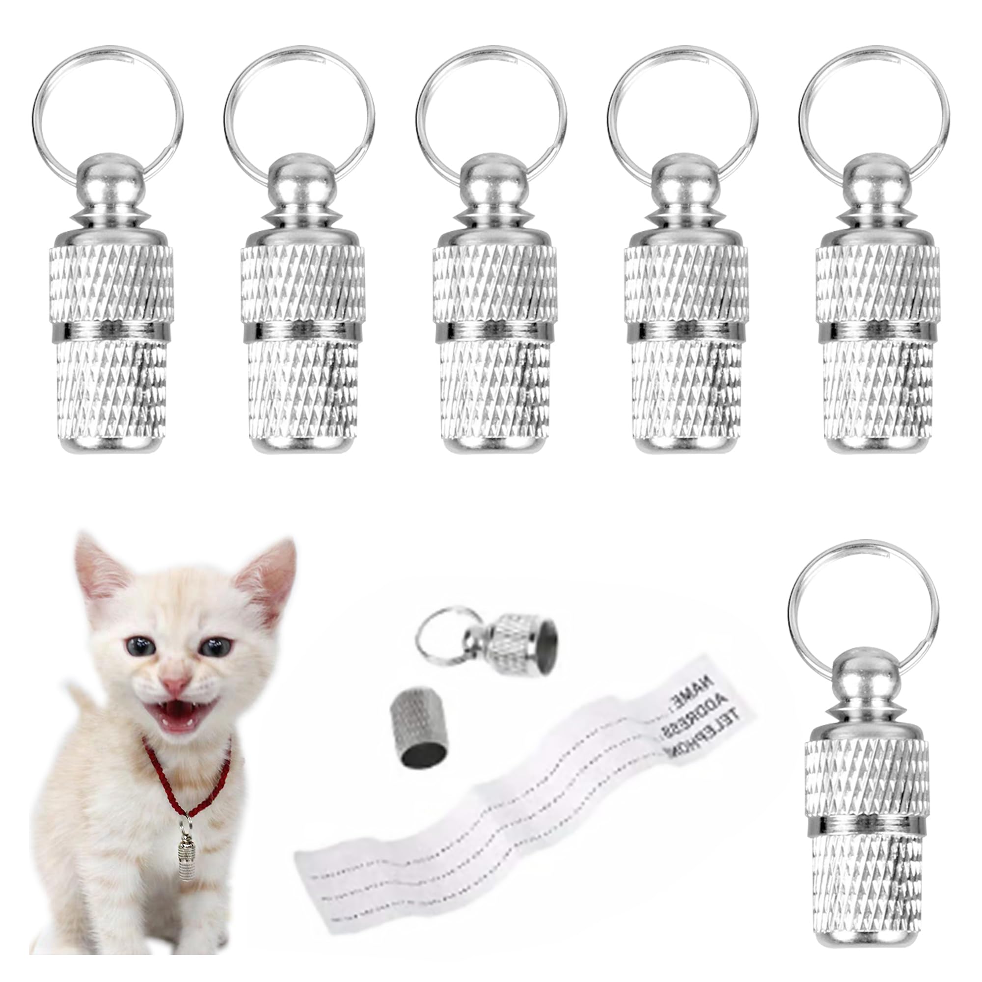 Pet ID Tube Tag Barrel 6 Pcs Stainless Steel Anti Lost Dog Cat ID Tag Address Name Label for Cat Dog Puppy Collar