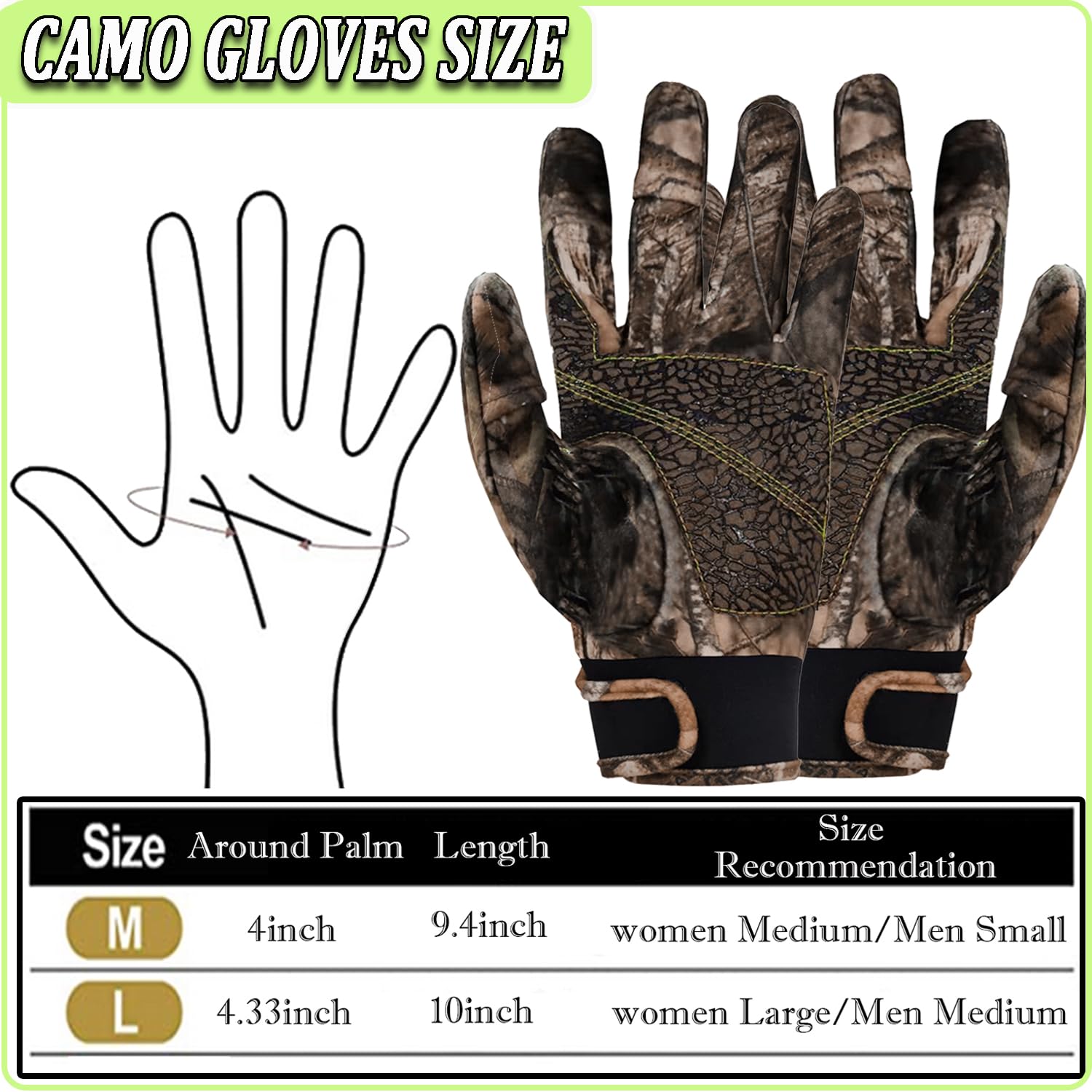 Taeku Camo Gloves Lightweight Full Finger Hunting Camouflage Accessories Pro Anti-Slip Fishing Gloves Archery Accessories Hunting Outdoors (Thickening L)