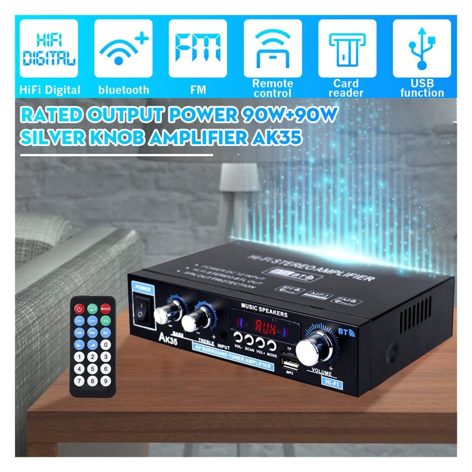 Amplificatore stereo Bluetooth auto Bluetooth HiFi Digital Audio Home Karaoke Power amp FM USB. Amplificatore auto auto con telecomando 90W + 90W(45WX2)