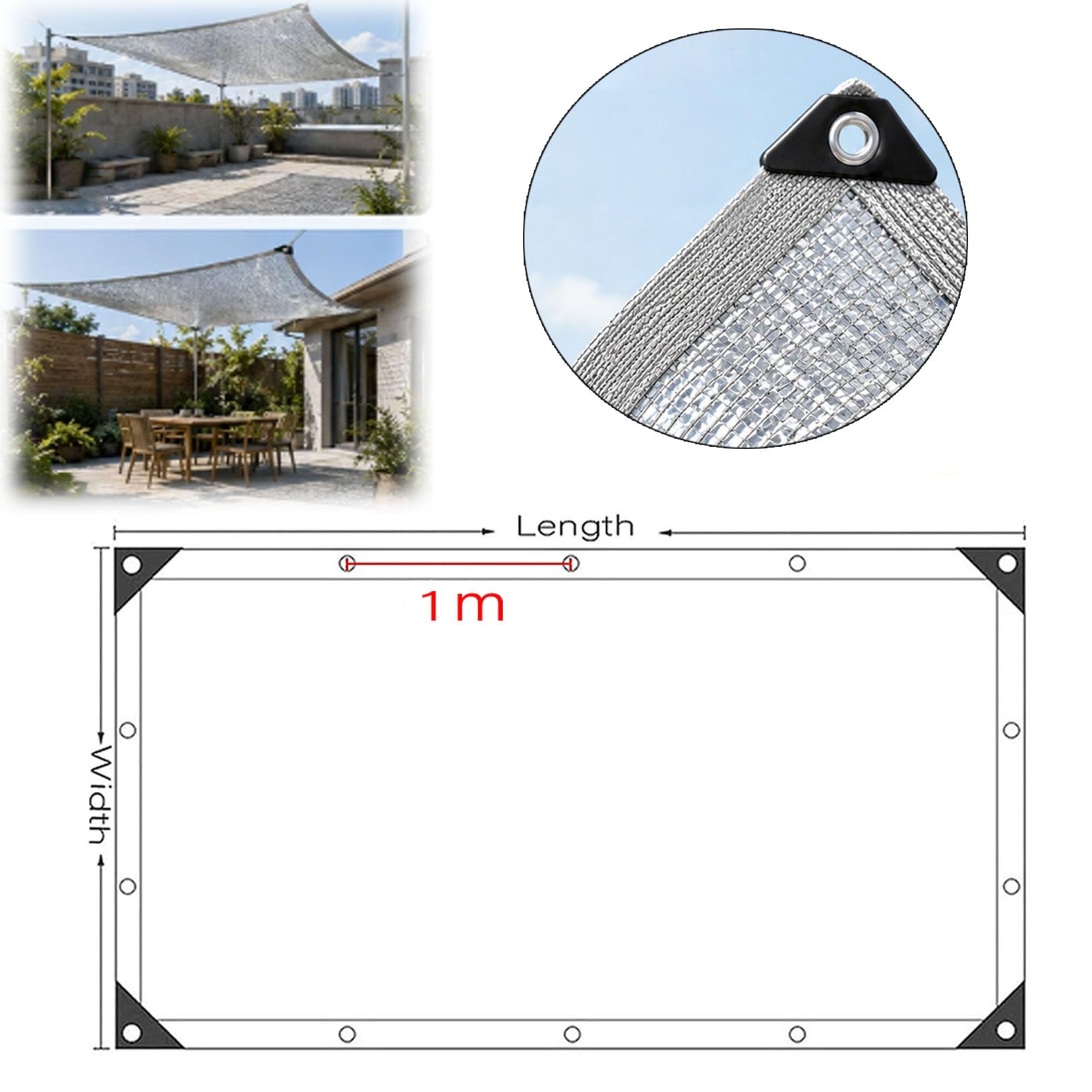 Tela reflectante de aluminio e UV de 5 x 5 m, transpirable, con ojales, para balcón, terraza, puerto, invernadero
