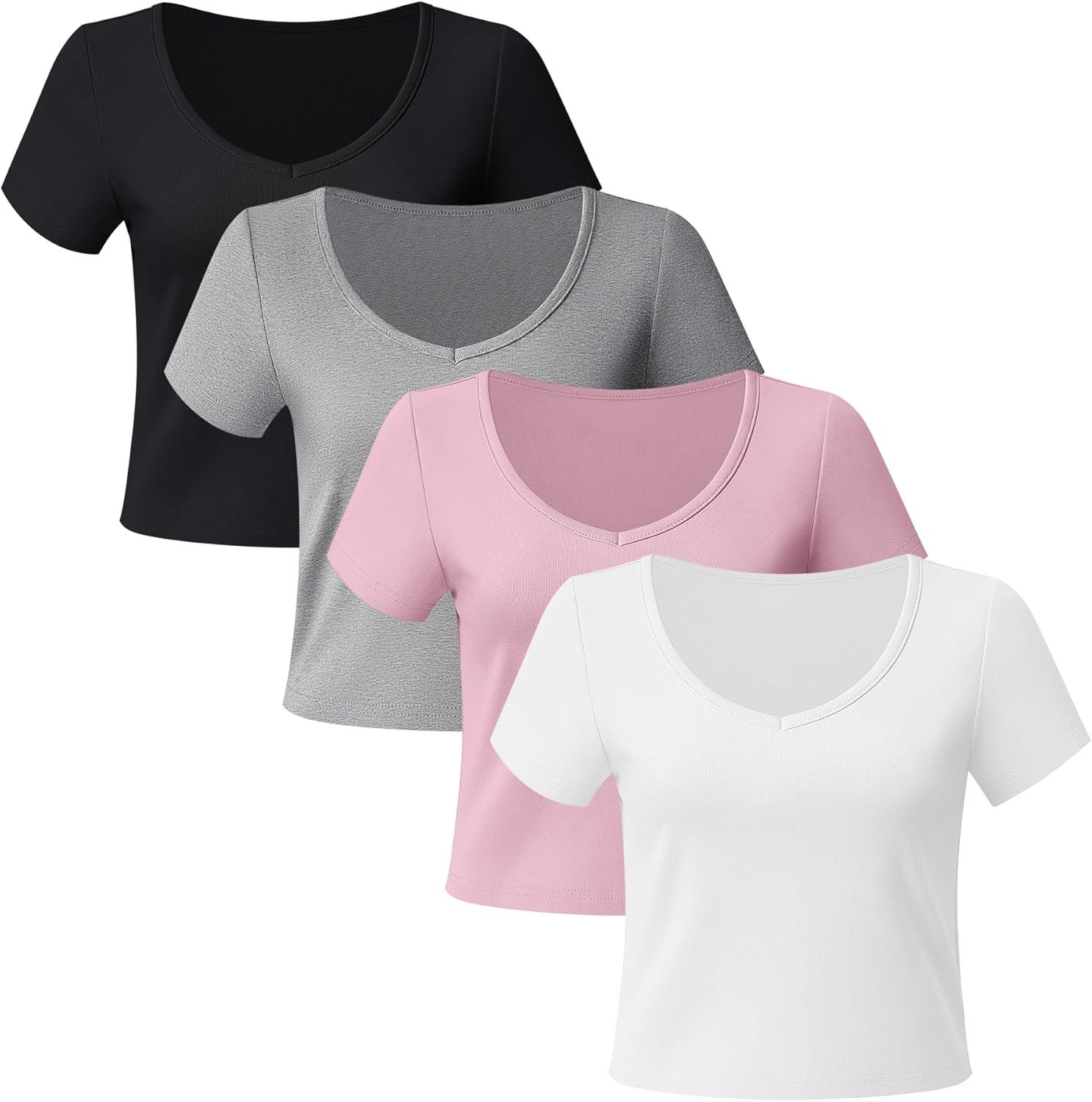 4 Pack Womens V Neck T-Shirts Short Sleeve Cotton Crop Tops Slim Fit Summer Basic Tee - Image 3