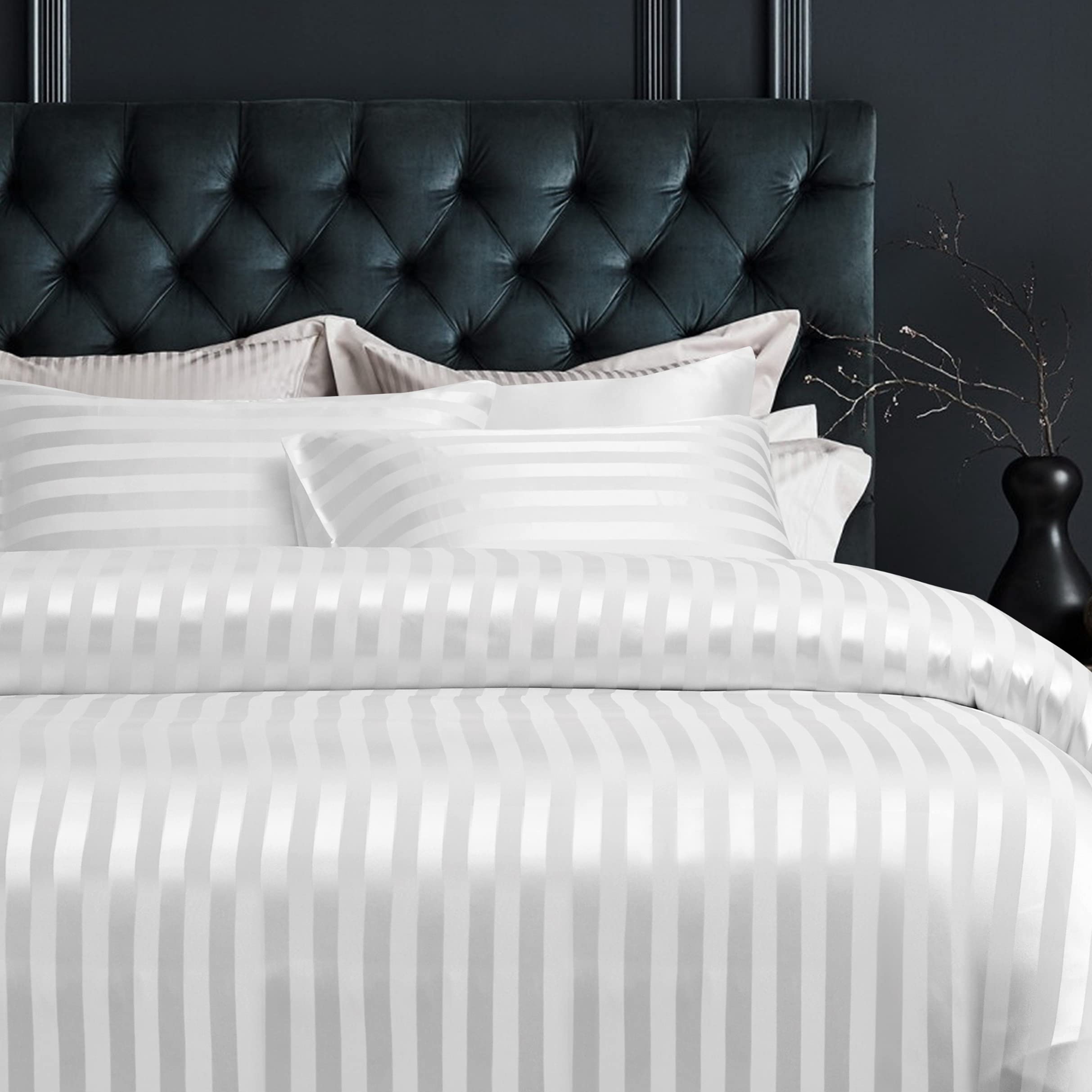 Damier Bettwäsche 200x200cm Weiß Satin glänzend Seidig Bettbezug Set 3 TLG Uni einfarbig Luxus Glanzsatin gestreift Deckenbezug mit verdecktem Reißverschluss und 2 Kissenbezüge 80 × 80 cm