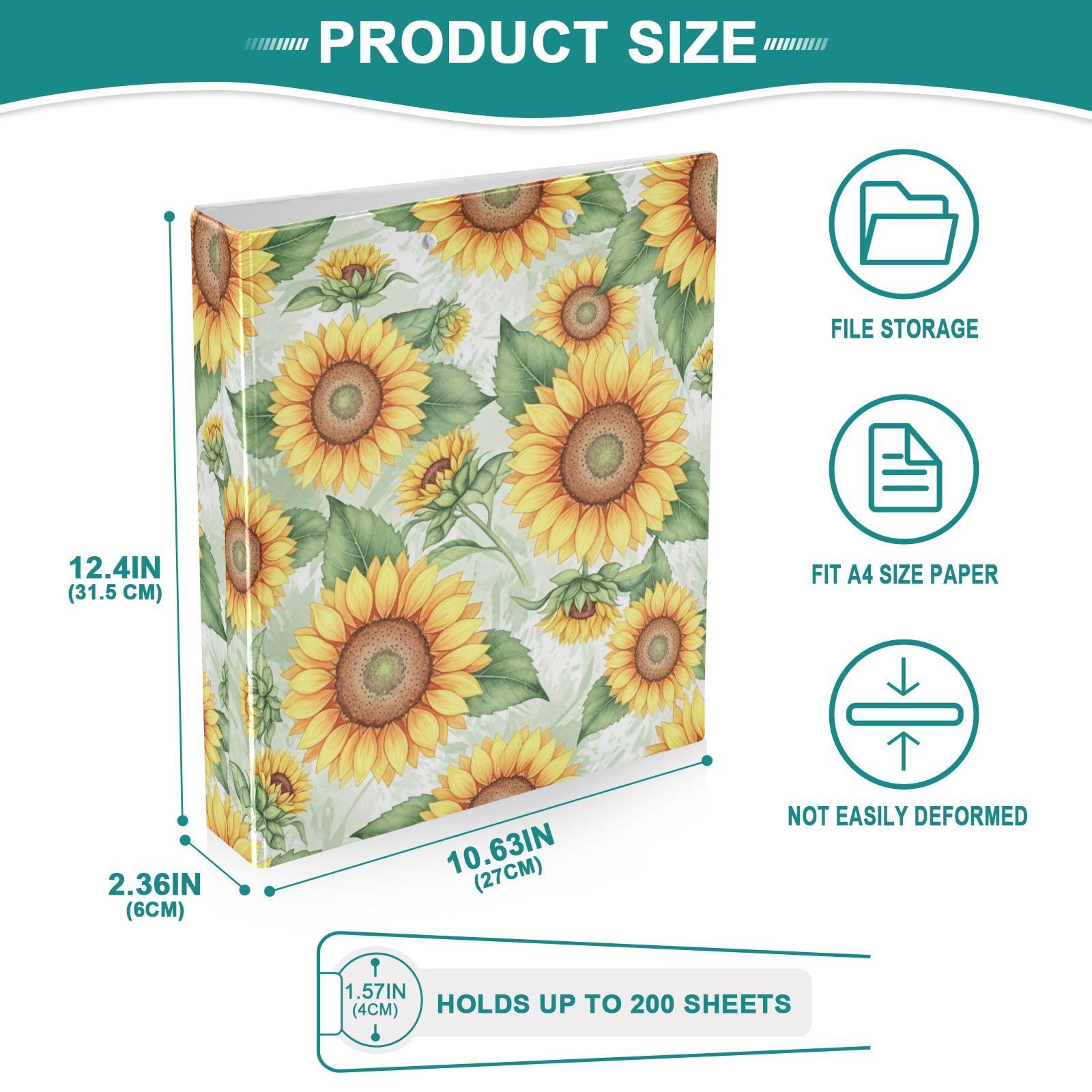 Raccoglitore ad anelli a tre anelli, 3,8 cm, motivo girasoli, confezione da 2