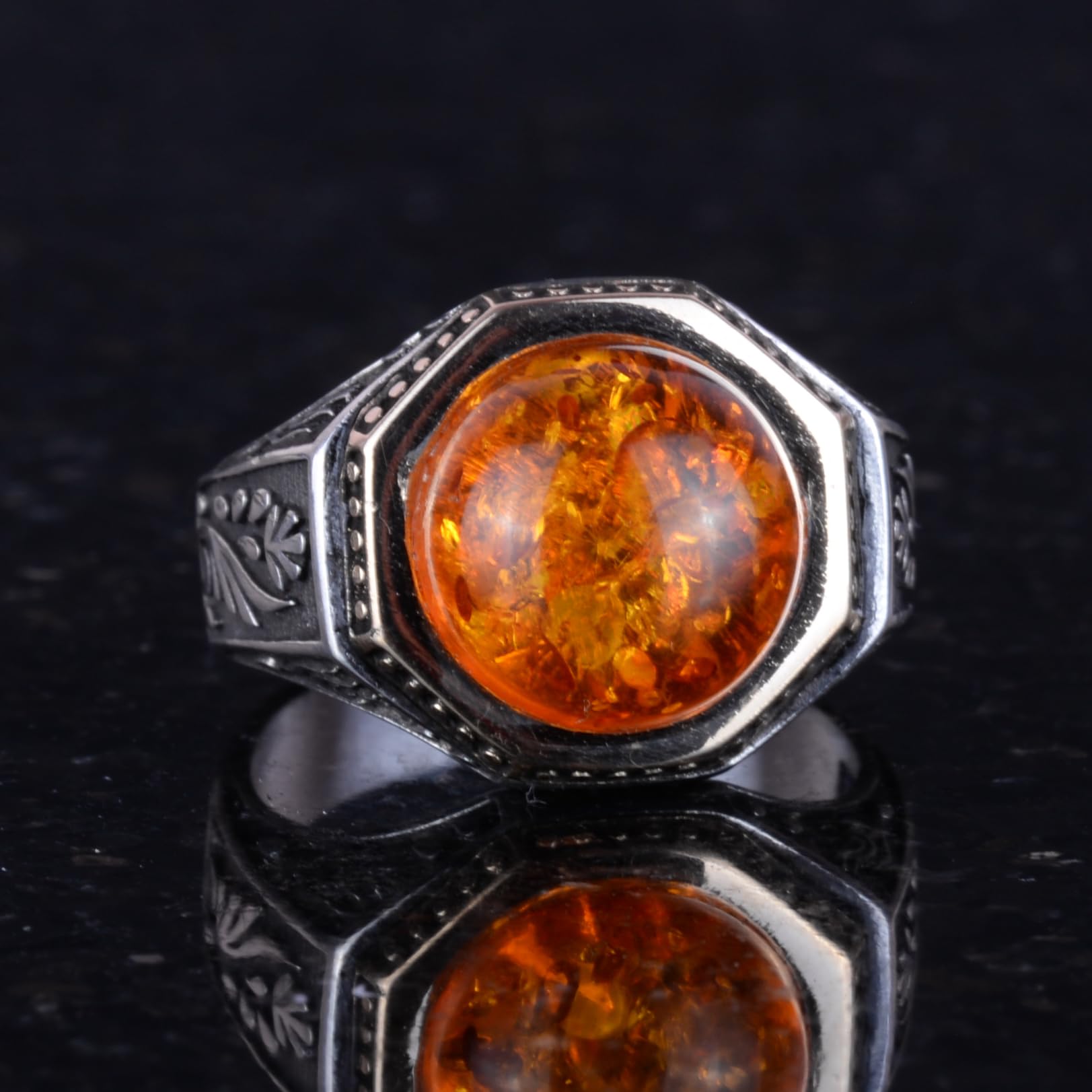 925 Sterling Silber Herren Ring mit Bernstein geschaffener Stein - Minimalistischer Ring für Männer, Silber, Bernstein, Silber, Bernstein