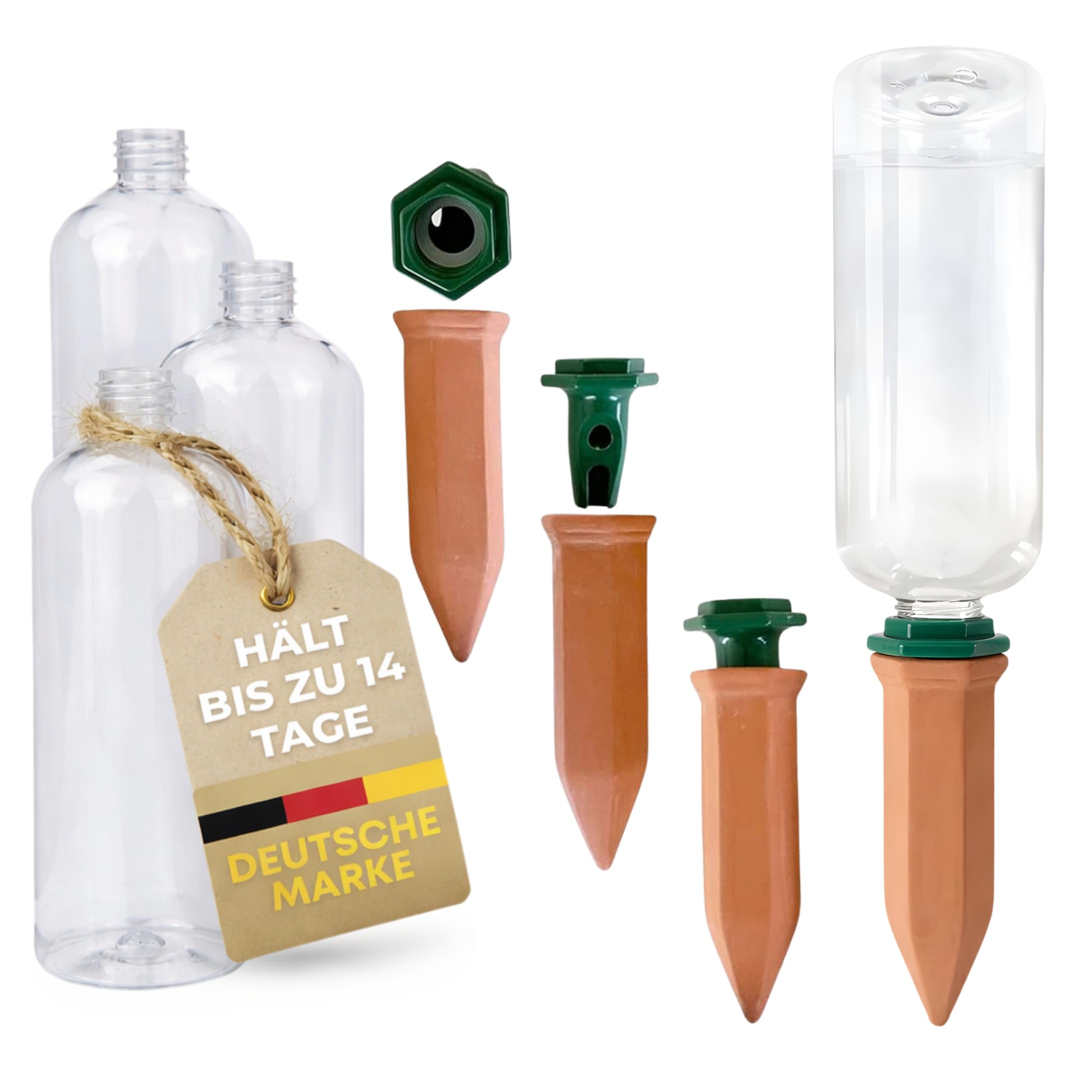 Système d'irrigation pour plantes – Lot de cônes en argile incl. adaptateurs & bouteilles en PET de 750 ml – Arrosage automatique en vacances pour plantes d'intérieur & balcon