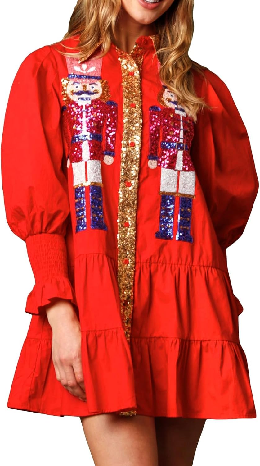 CosTribe Women Christmas Sequin Skirt Nutcracker Sweatshirt T-Shirt Dress Holiday Party Long Sleeve Santa Sweater Mini Dress