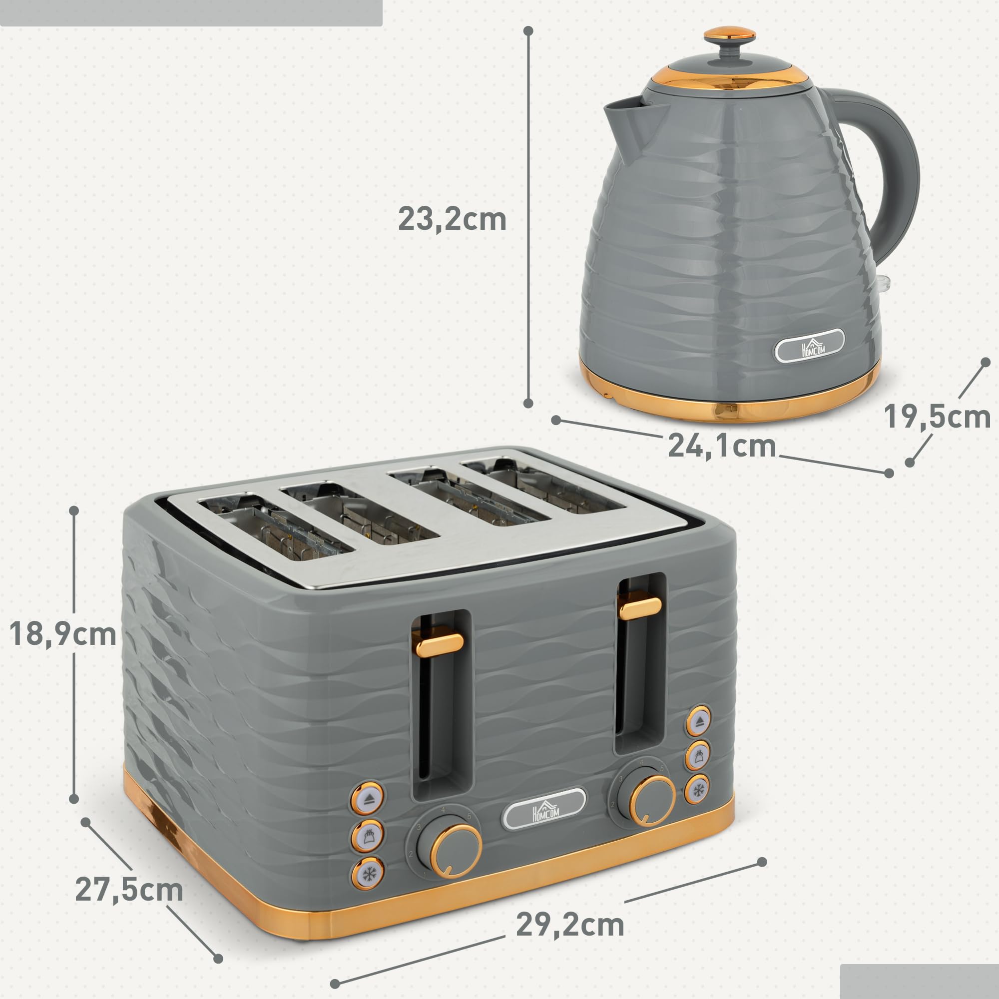 HOMCOM Wasserkocher Toaster Set 1,7L 4 Scheiben 2200W 7 Bräunungsstufen Grau
