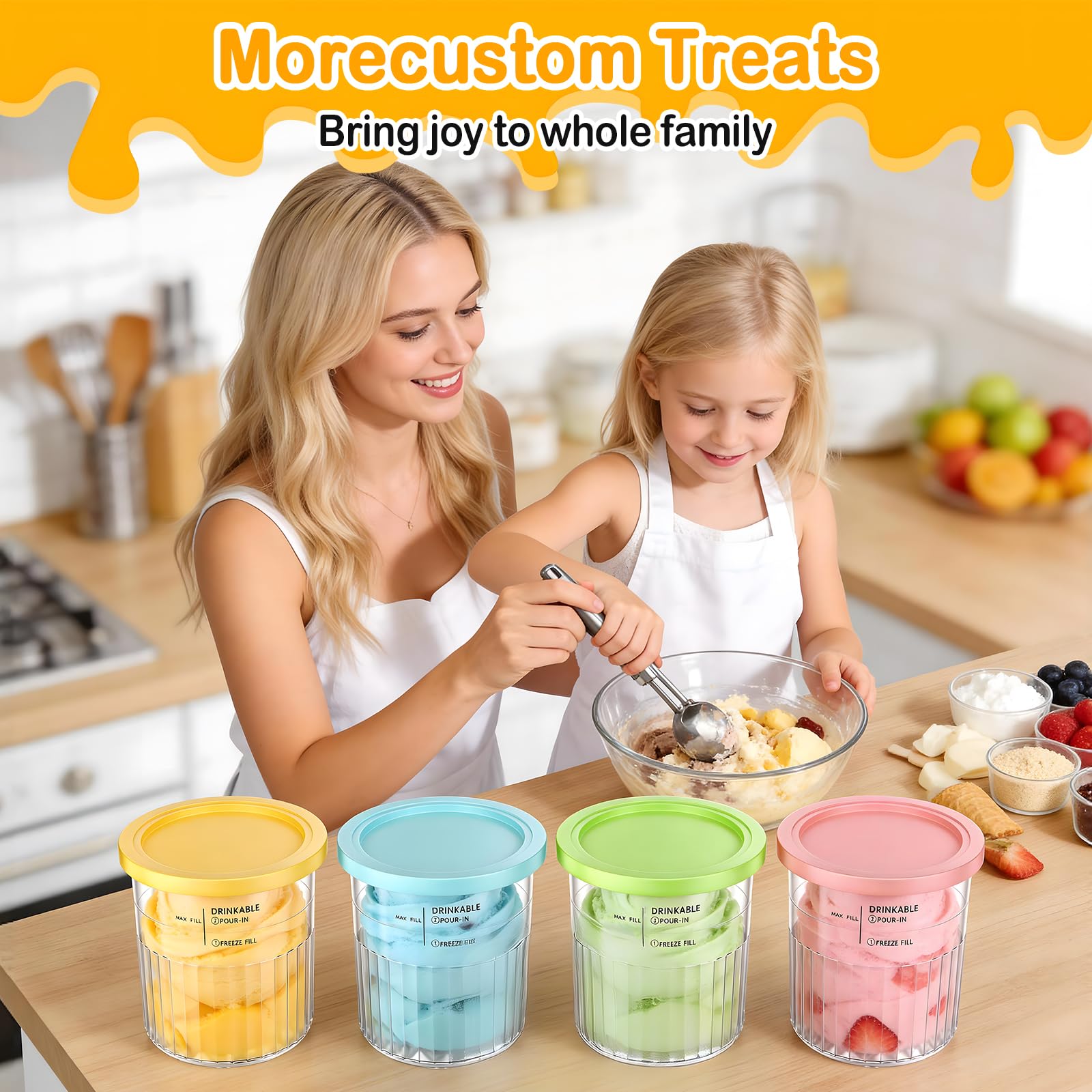 Kssvzz Lot de 4 Pots pour Ninja Creamy Deluxe, 680ML Bacs Compatible avec Ninja NC501/NC500 Series, Accessoires pour Machine à Glace avec Cuillère en Aluminium, Lave-Vaisselle, sans BPA