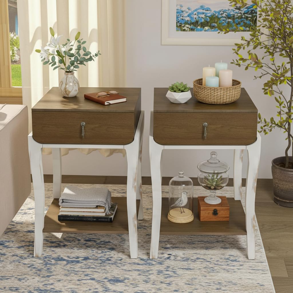 SUNBURY Nightstand with Drawer Open Storage Shelf Vintage Wood Grain Bedside Table for Living Room Bedroom Office and