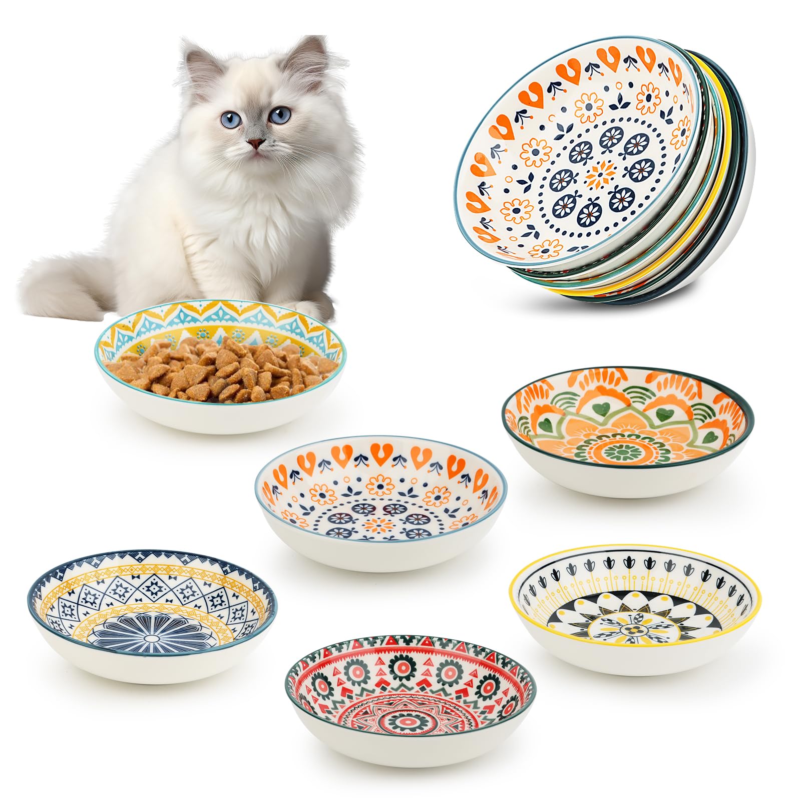 Juego de 6 comederos para gatos, cerámica, coloridos, planos, para gatos, para comida y agua, para gatos
