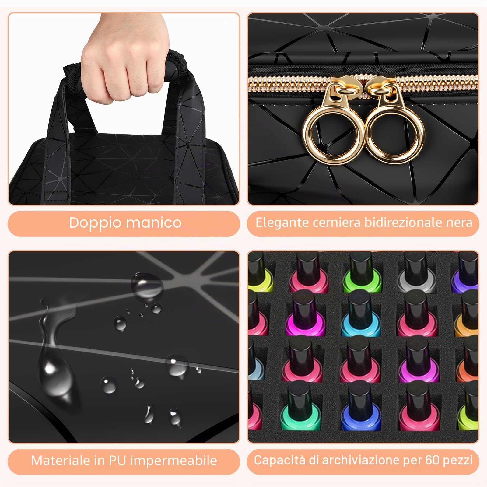 Porta Smalti Organizer,Contenitore per unghie di grande capacità per 60 Flaconi di smalto e 1 lampada LED per unghie, Organizer per Unghie,3 Ripiani Scatola da Viaggio Per Smalti per Nail Art
