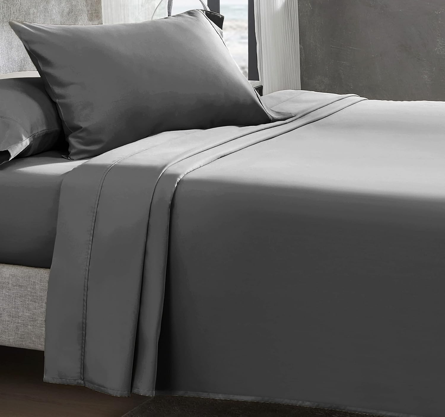 Extra Long Twin XL Sheets Dorm 400 Thread Count 100 Natural Long Staple Cotton, Dark Grey 3