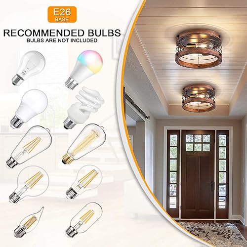 Miniatura 4 de Lámpara de techo empotrada estilo granja, 12.6 pulgadas, 2 luces de metal y madera cerca del techo, lámpara de techo de tambor rústico para cocina,