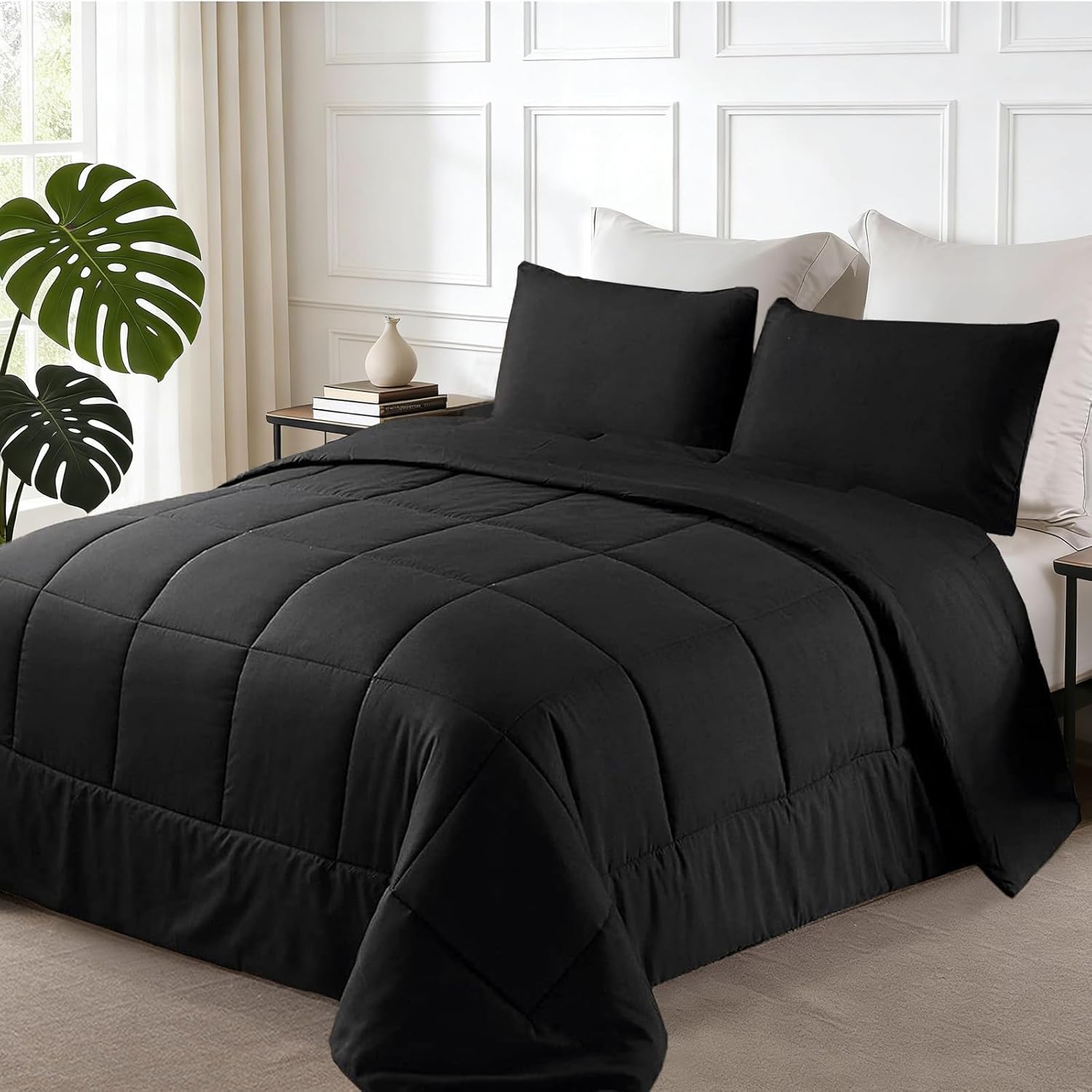 Exclusivo Mezcla Lightweight Reversible Twin Size Comforter Set, Down Alternative Comforter with 1 Pillow Sham, Twin Size Bedding Set for All Seasons, Black