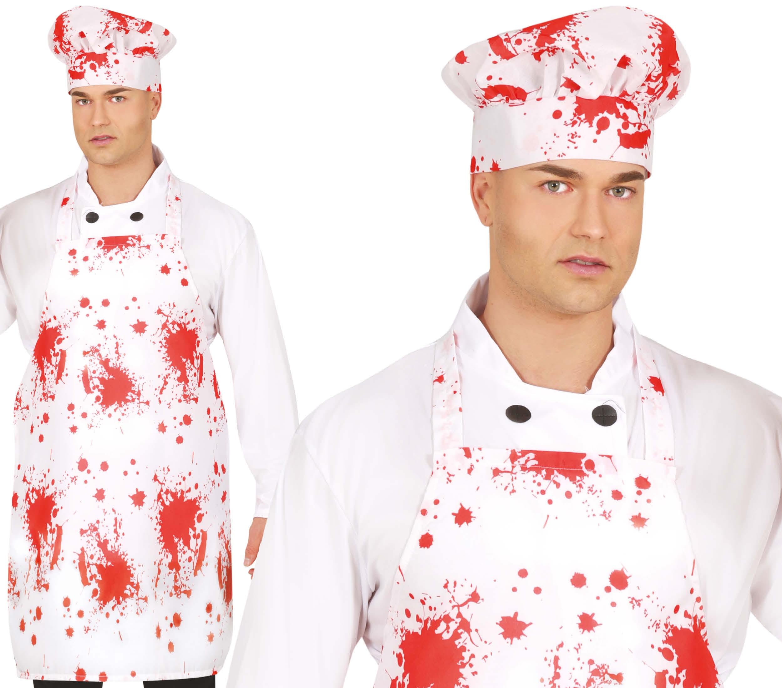 FIESTAS GUIRCA | Bloody Chef's Hat and Apron (55x70 cm) - Costume Accessory for Halloween and Horror Parties - Unisex Adult - White and Red