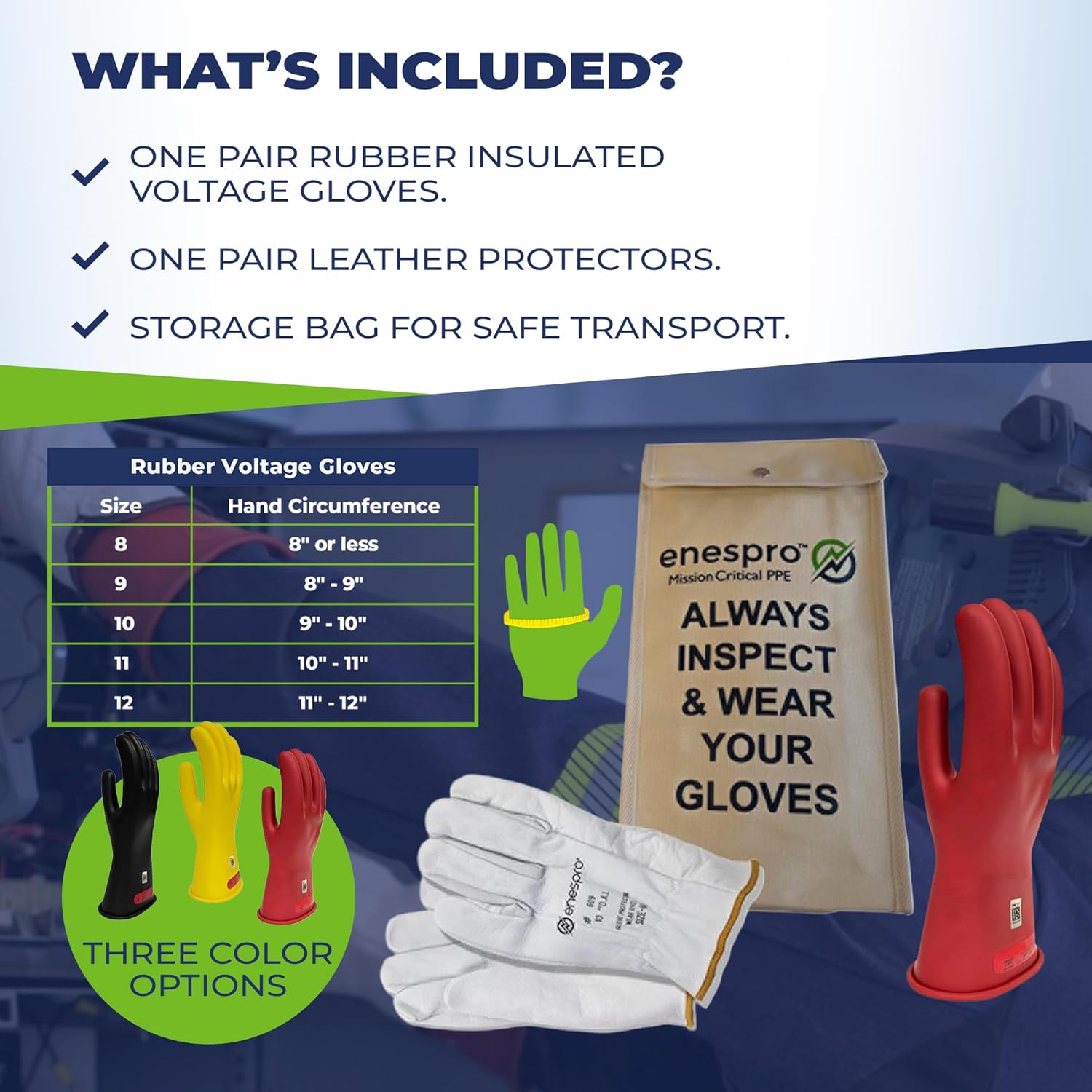 Enespro Class 0 Insulated Electrical Gloves - 1000V AC, 1500V DC Rubber Electrical Gloves with Leather Protectors, Bag - ASTM D120 NFPA 70E Electric Glove for Power Crew, and Utility Workers, Red