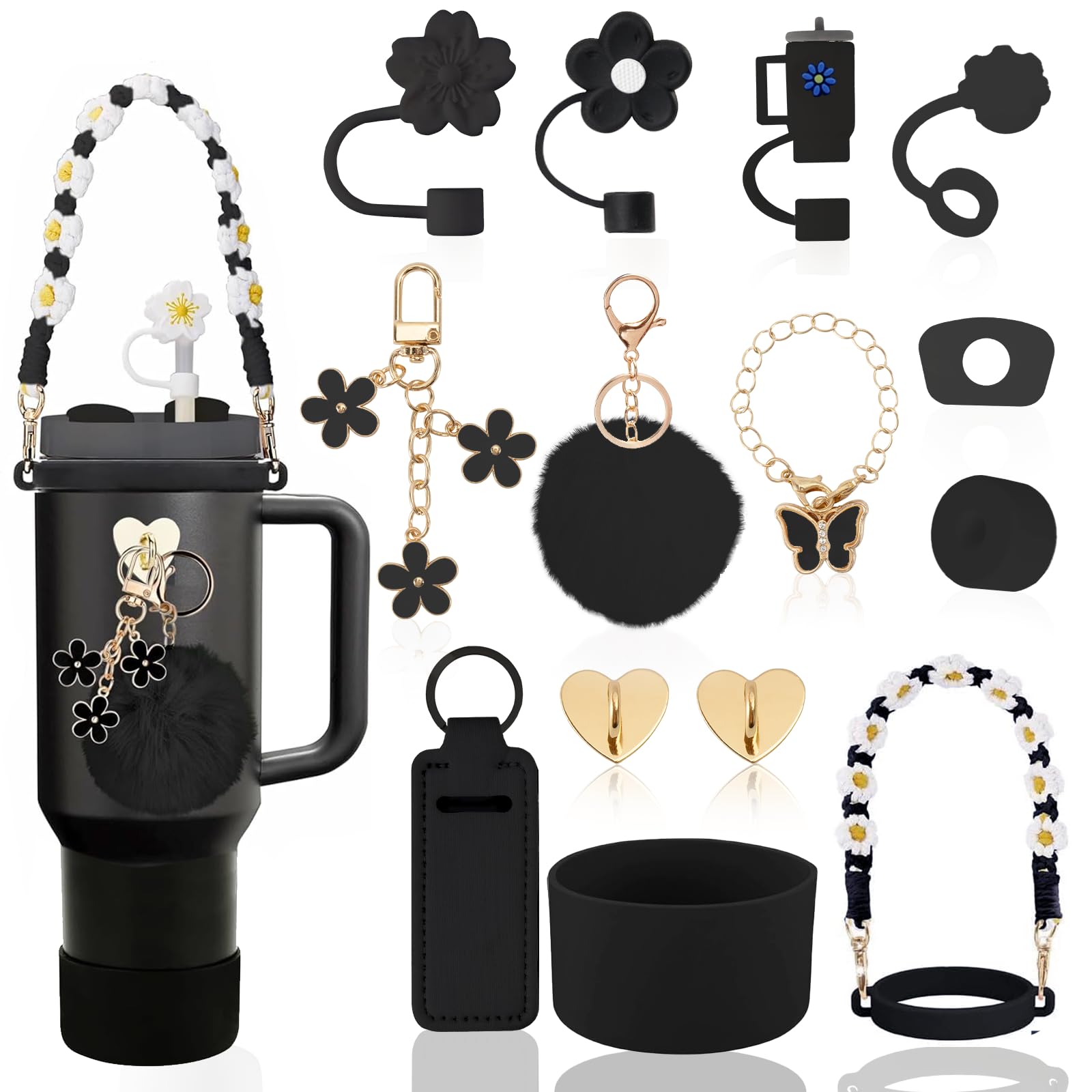 LUOJINYI 15 Stück Stanley Cup Zubehör, Stanley Cup Accessories for Stanley Cup 800 ml - 1100 ml, Stanley Cup Accessory Set,Stanley Quencher Zubehör, Stanley Cup Zubehör Schwarz(Becher nicht enthalten)