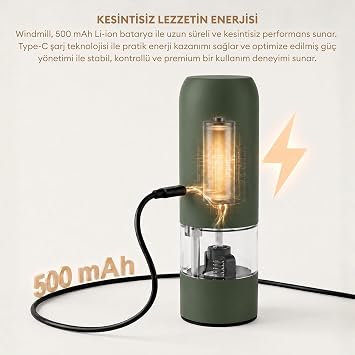 Windmill Şarjlı Otomatik Baharat Öğütücü LED Işıklı Ayarlanabilir Tuz Karabiber Baharat Değirmeni Yeşil