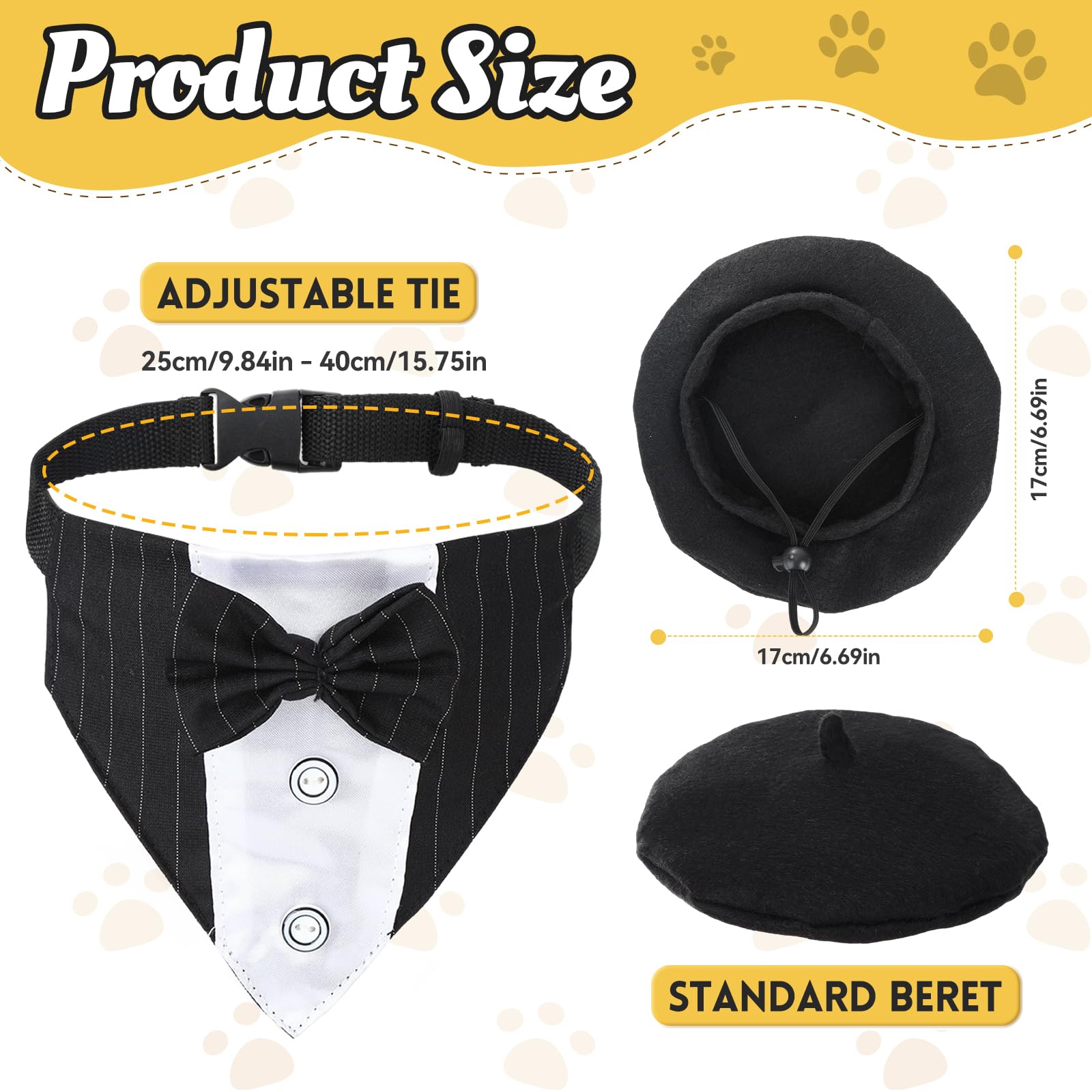 2 Stück Schwarz Hundekleidung Set mit Beret Hundemütze und Verstellbarer Hundefliege formelles Haustieraccessoire Hundoutfit für Hochzeit Party Geburtstag Alltag Haustierkleid