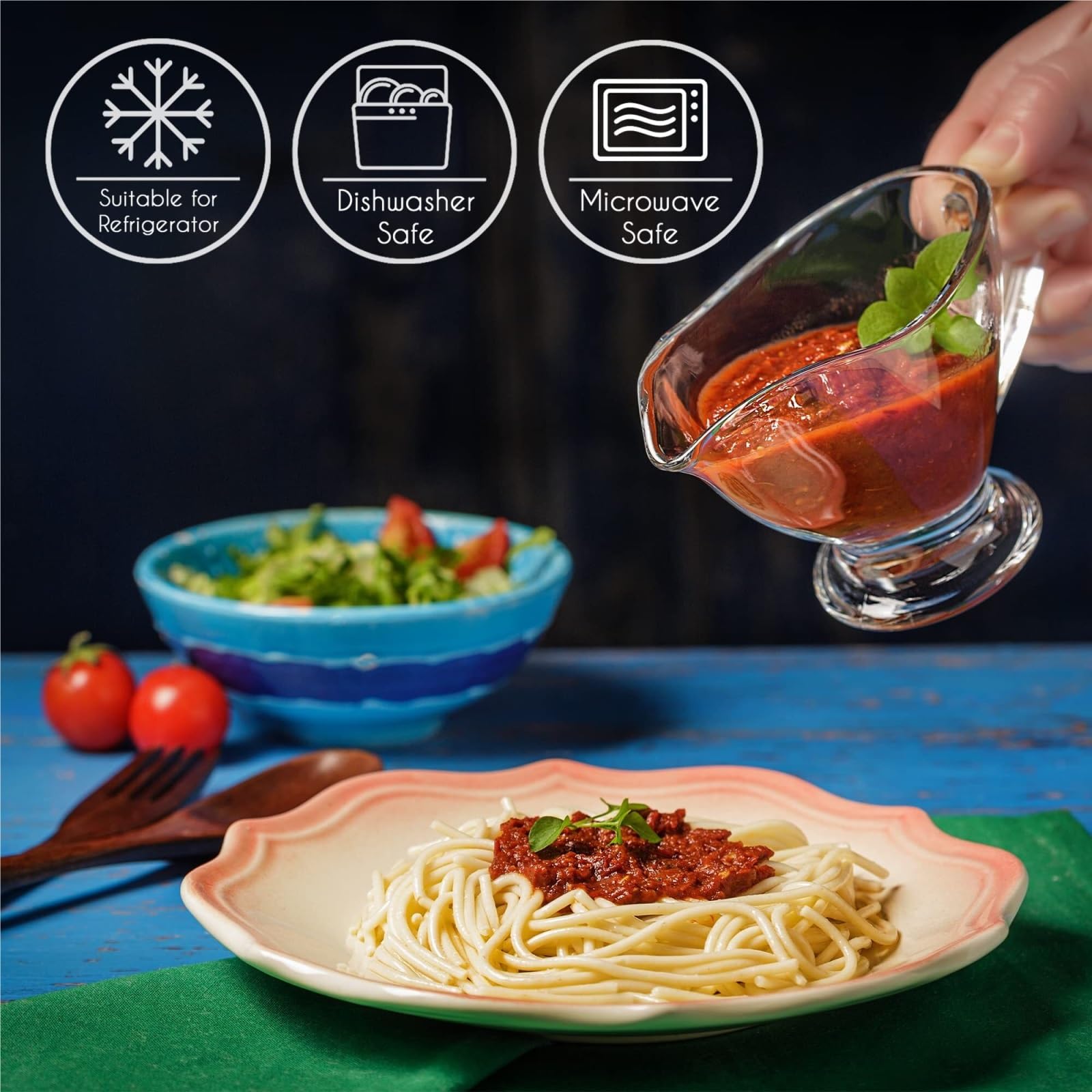 Salsiera per condimenti per insalata, condimenti, condimenti, ciotola con manico, in vetro trasparente, per dessert e salse, per cucina e ristorante (10,5 cm)