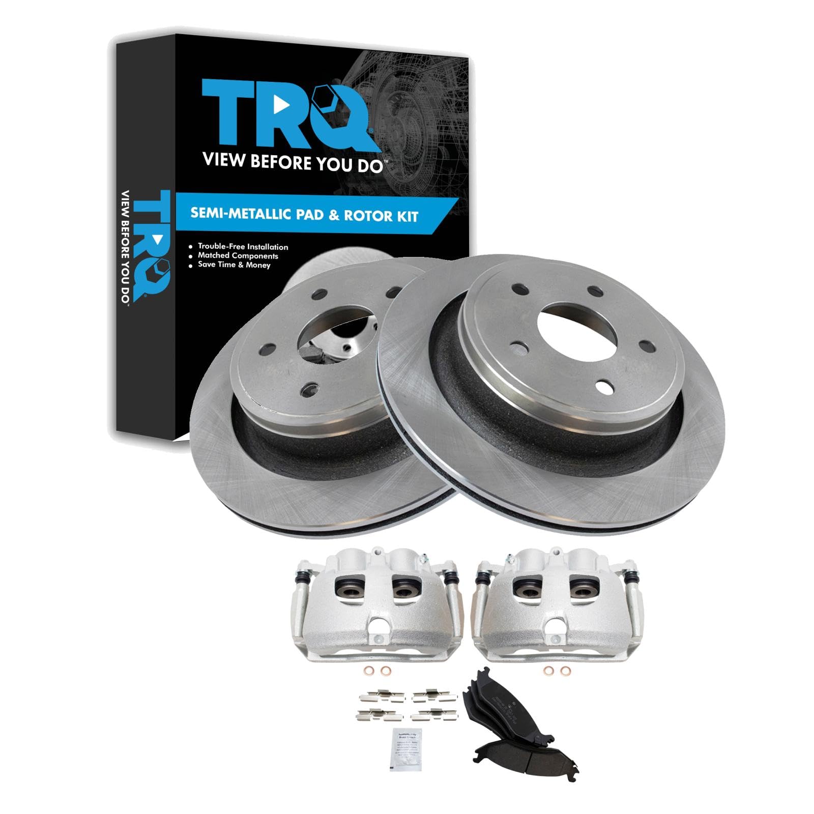 TRQ Rear Brake Pad, Caliper, &amp; Rotor Kit Semi-Metallic Vented Compatible with 2012 Ram 1500