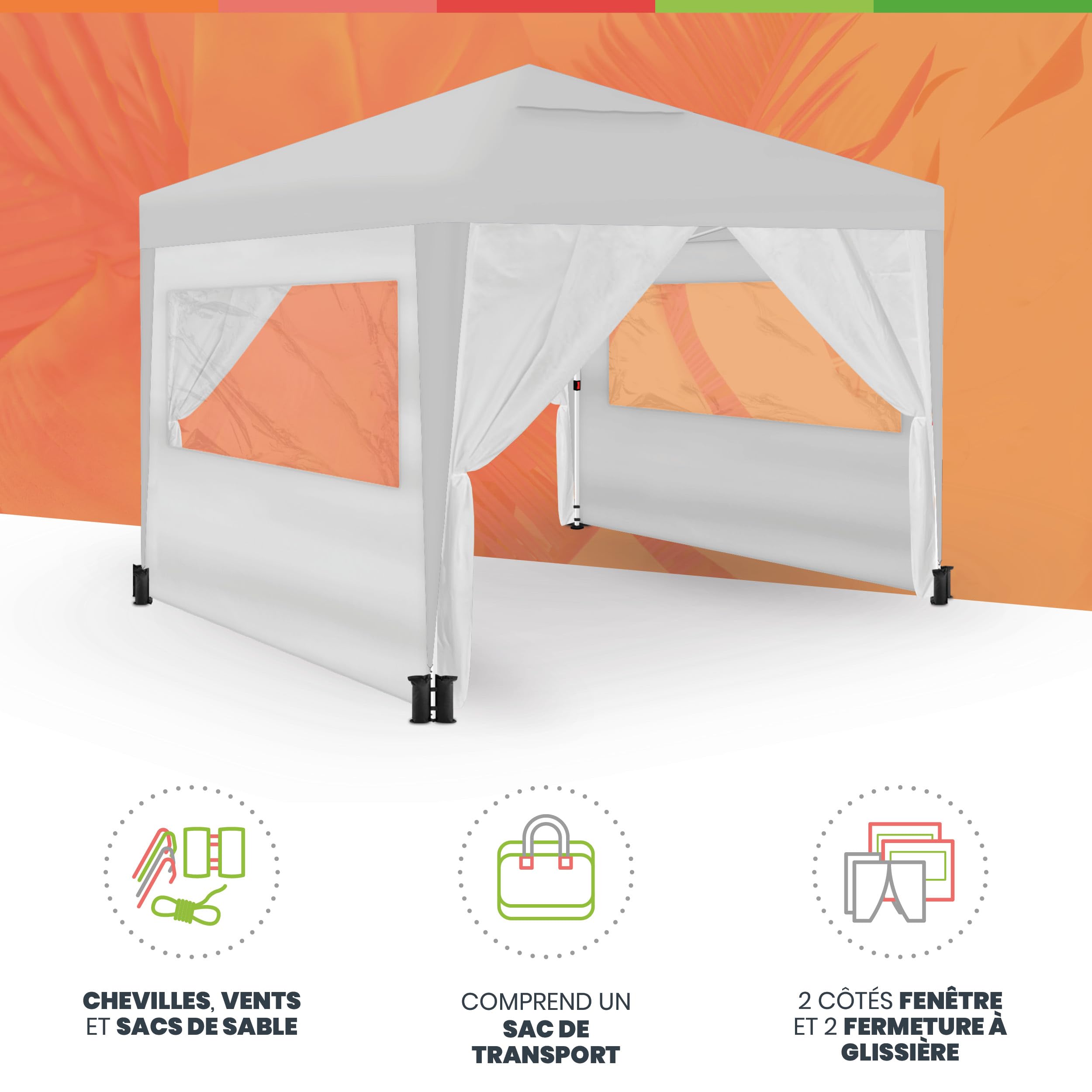 Wasabi - Tonnelle Pliable 3 x 3 m - 4 parois latérales - 4 Sacs de Sable, piquets et Cordes de Fixation - Sac de Transport - Pergola en Nylon - Tonnelle pour Jardin extérieur, Camping, fêtes