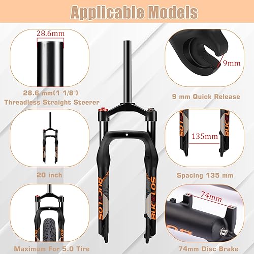 Miniatura 2 de BUCKLOS 20 pulgadas Air MTB suspensión horquilla 4.0 Fat Tire, 5.512 in Travel Spacing Hub 5.315 in 1 18 Tubo recto Bloqueo manual 0.354 in QR