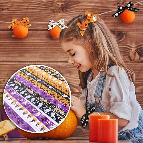 Miniatura 5 de Cinta de grogrén de Halloween de 30 yardas, cinta de tela con alambre, murciélagos y arañas, impresa, cintas de grogrén de 1 pulgada, manualidades,