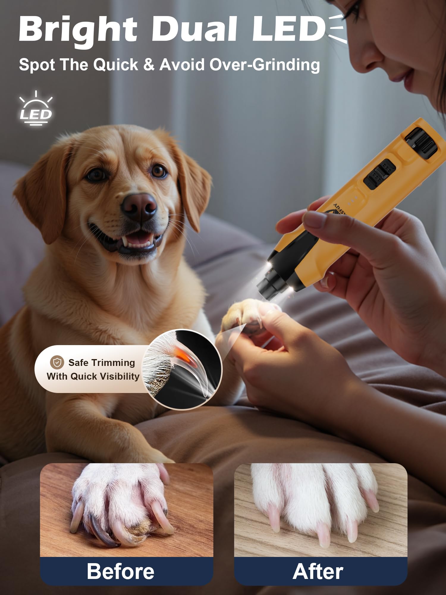 Casfuy Smerigliatrice per unghie per cani a 6 velocità – 50%+ Boost Power Dog Nail Trimmers Silenzioso con tappo antipolvere e 2 luci LED e batteria da 2000 mAh e motore elettrico da 4,8 V per cani di