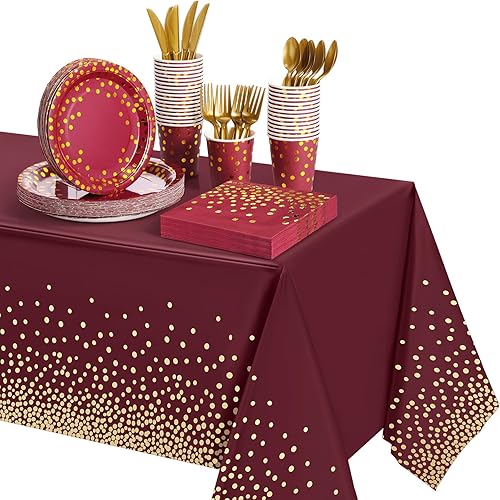 256 piezas de suministros de fiesta burdeos y dorados, platos de papel, servilletas, vasos, manteles desechables de punto dorado, tenedores,