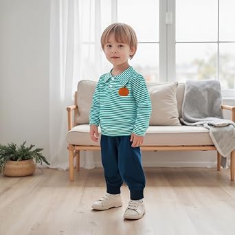 Toddler Baby Boy Halloween Outfit Pumpkin Embroidery Waffle Striped Long Sleeve Polo Shirt Button Up Pullover Top