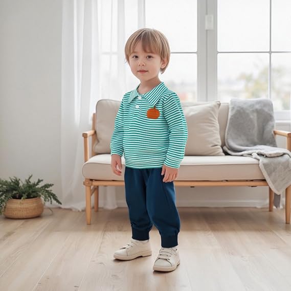 Toddler Baby Boy Halloween Outfit Pumpkin Embroidery Waffle Striped Long Sleeve Polo Shirt Button Up Pullover Top