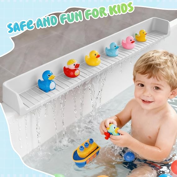 Dreamtop Bathtub Splash Guard for Tub, 2.6FT Play Shelf for Bathing, Toy Tray Caddy Holder for Tub, Grey Silicone Tub Splash Guard Prevent Water Spills in Bathroom