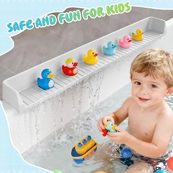 Dreamtop Bathtub Splash Guard for Tub, 2.6FT Play Shelf for Bathing, Toy Tray Caddy Holder for Tub, Grey Silicone Tub Splash Guard Prevent Water Spills in Bathroom
