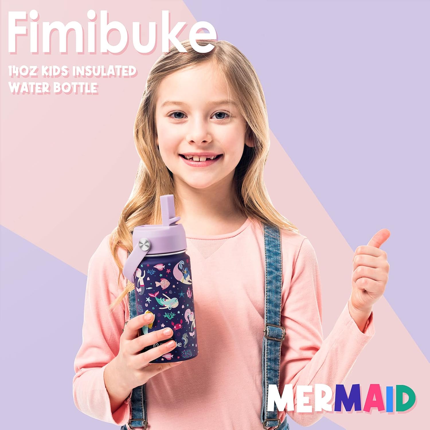 Fimibuke Kids Insulated Water Bottle, 14oz BPA FREE 18/8 Stainless Steel Travel Tumbler Double Wall Vacuum Leak Proof Kids Cup with Straw Metal Water Bottle for School Boys Girls(1 Pack, MERMAID) - Image 7