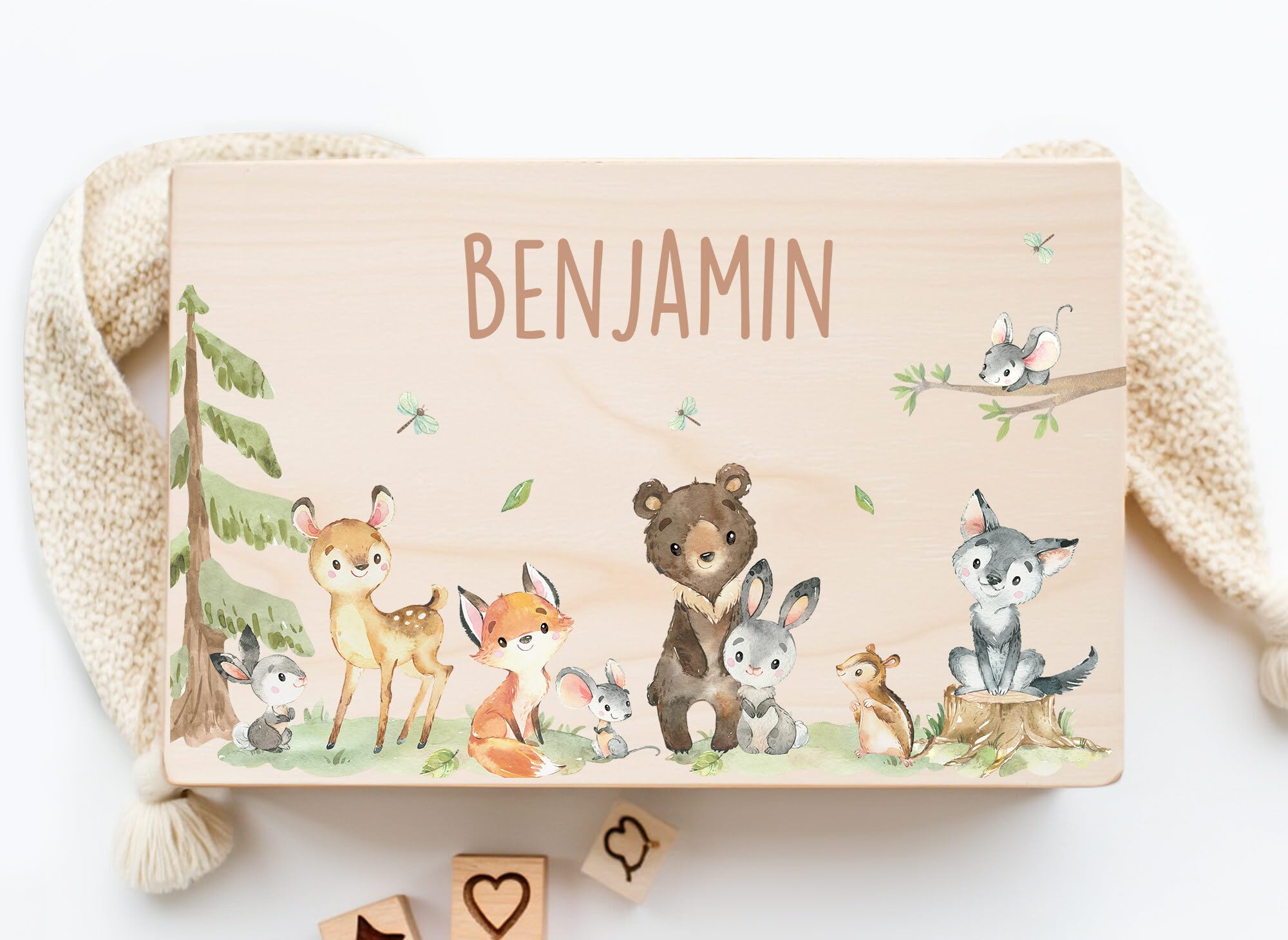 Little Deco Personalisierte Erinnerungsbox Baby Holzkiste | L - 40 x 30 x 22 cm | Waldtiere Geschenk Geburt Taufe Geburtstagsgeschenk Erinnerungskiste für Mädchen & Jungen XHL1003-02