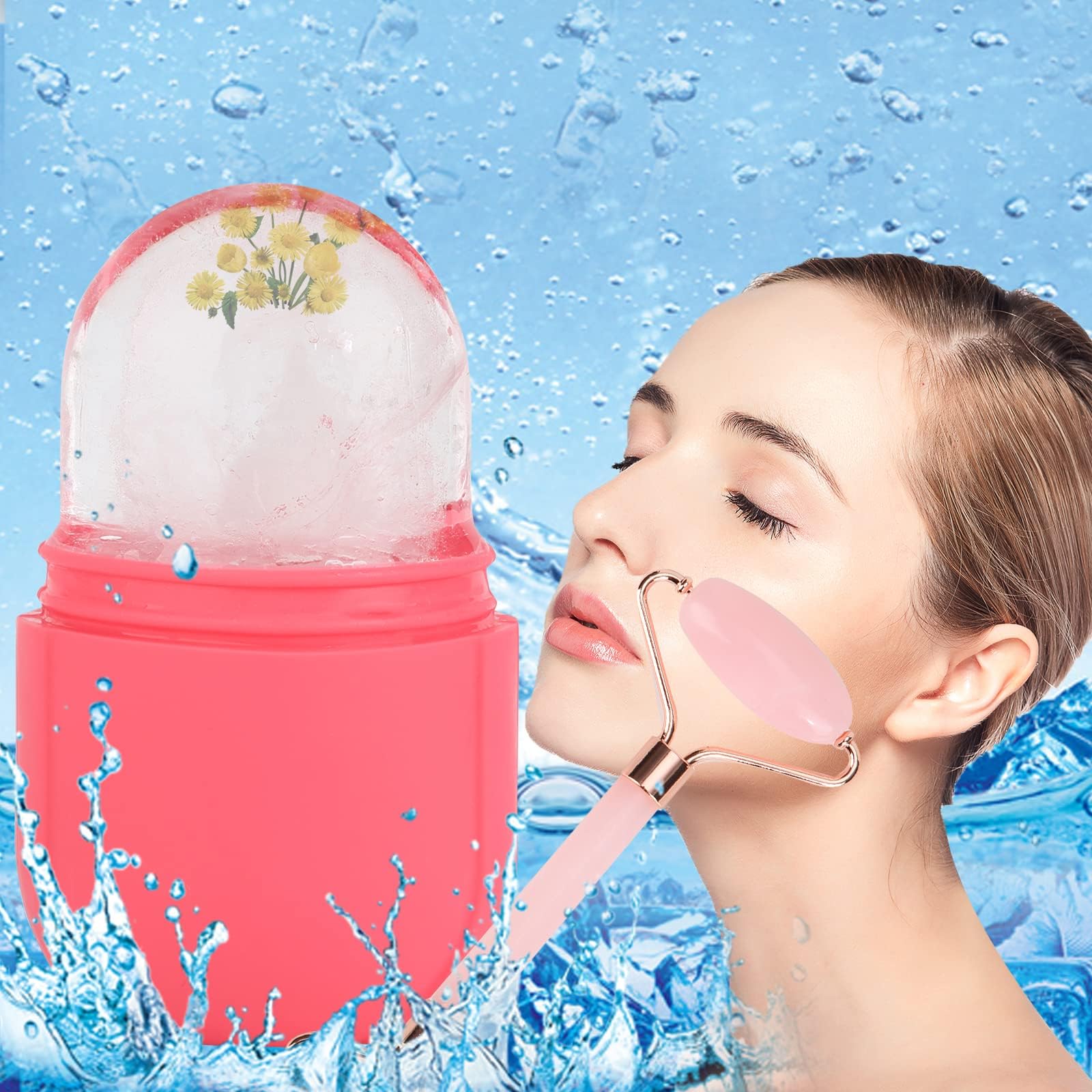 Ice Face Roller Jade Roller y Gua Sha, rodillo de hielo para rostro y ojos, herramientas de cuidado de la piel de belleza facial para iluminar la piel y quitar líneas finas (Ovalado, juego rosa)