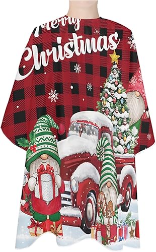 Christmas Gnomes Truck Barber Cape for MenWomen, Hair Cutting Cape with Adjustable Snap Closure, Xmas Tree Gifts Snowflake Red Black Plaid Haircut