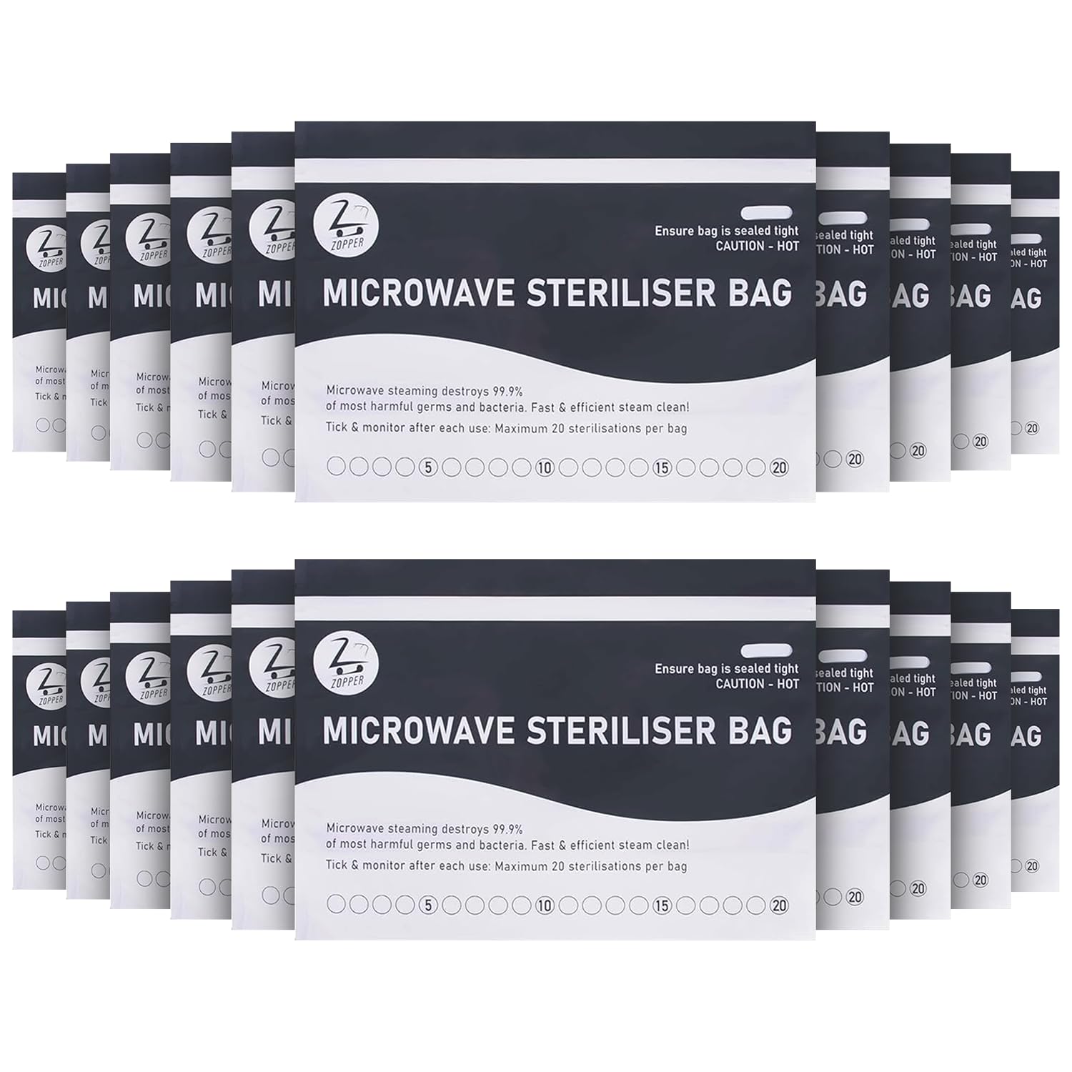 Microwave Steriliser Bags Large 20pcs Chemical-Free Steam Bags for Baby Bottles, Teethers & Accessories 20 Uses Each Marking System Included