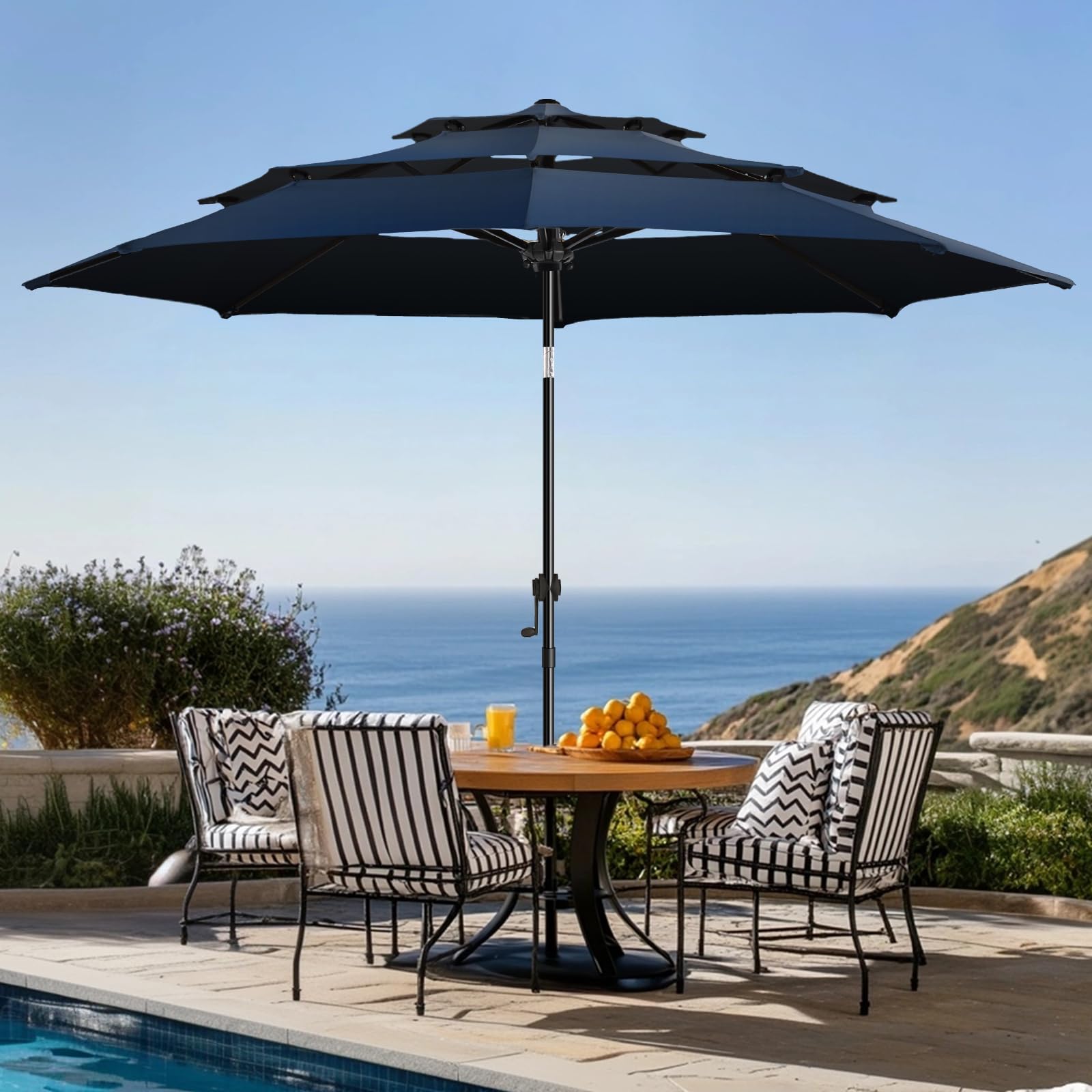 wikiwiki 10 FT Patio Umbrellas 3-Tiers Outdoor Table Market Umbrella with Push Button Tilt/Crank, Fade Resistant Waterproof POLYESTER DTY Canopy for Garden, Lawn, Deck, Backyard & Pool, Navy Blue
