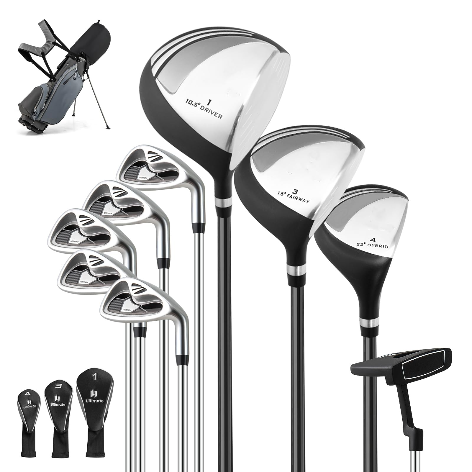 LIFEZEAL Komplettes Golfset für Herren, Golfset tragbar rechts, Stativtasche mit 7 Fächern, Putter, 3 Holz: Driver #1, Fairway #3, Hybrid #4, 5 Nadeln: #6, #7, #8, #9, Pitching Wedge