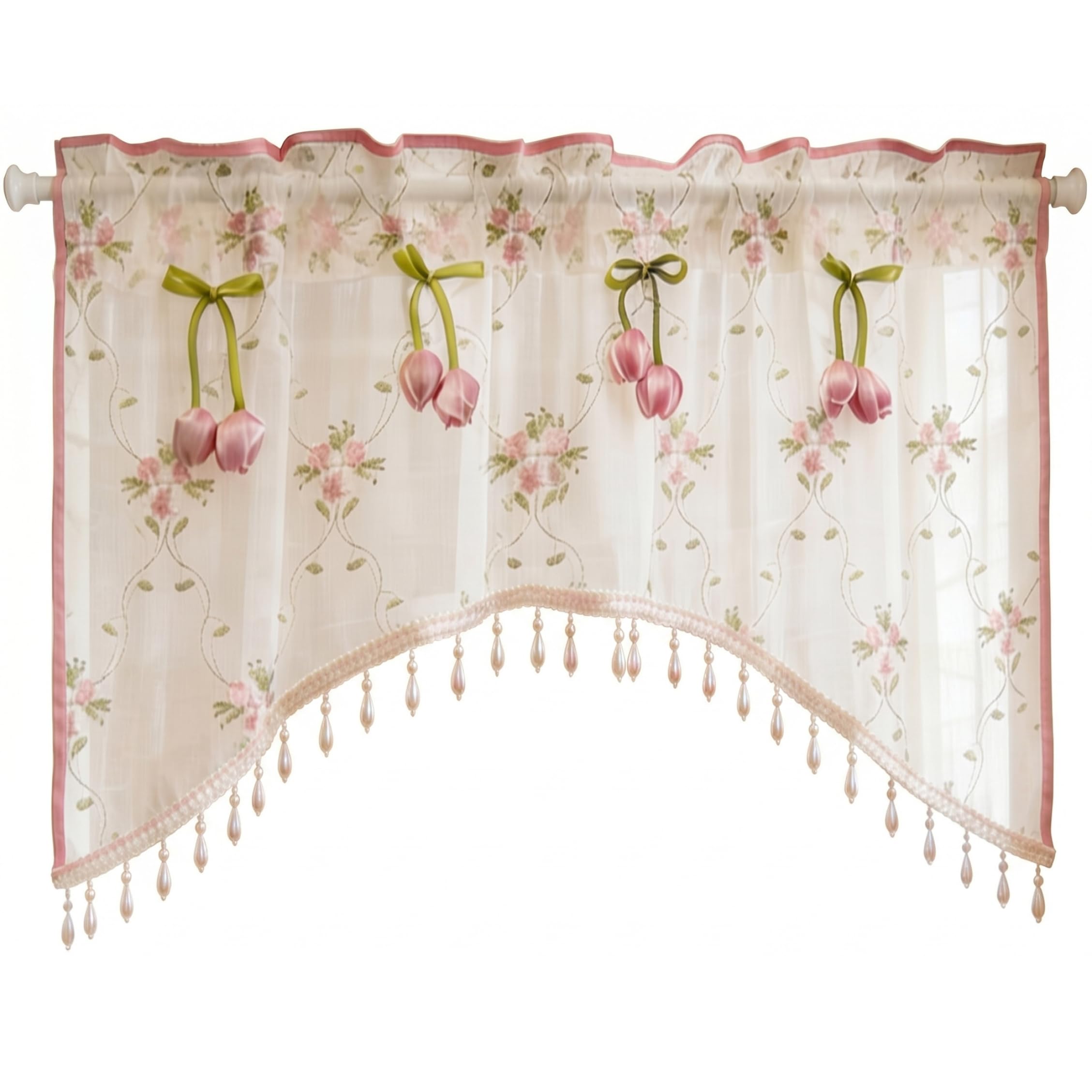 Ngbbby Floral Kitchen Curtains, Aesthetic Sheer Valance Curtain with Decor & Beaded Fringe Light Filtering Kitchen Valance, 39 X 24 Inch
