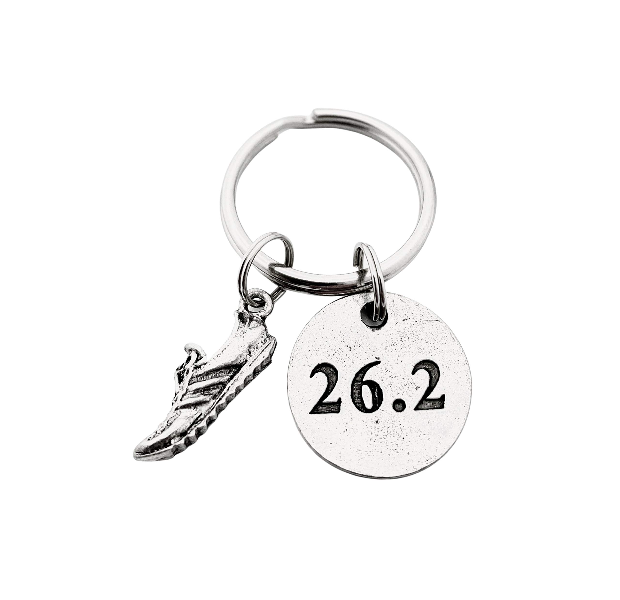 THE RUN HOMERUN 26.2 Marathon Pewter Pendant Key Chain - Pewter Running Shoe Charm and Round Pewter 26.2 Pendant on Round Stainless Steel Key Ring
