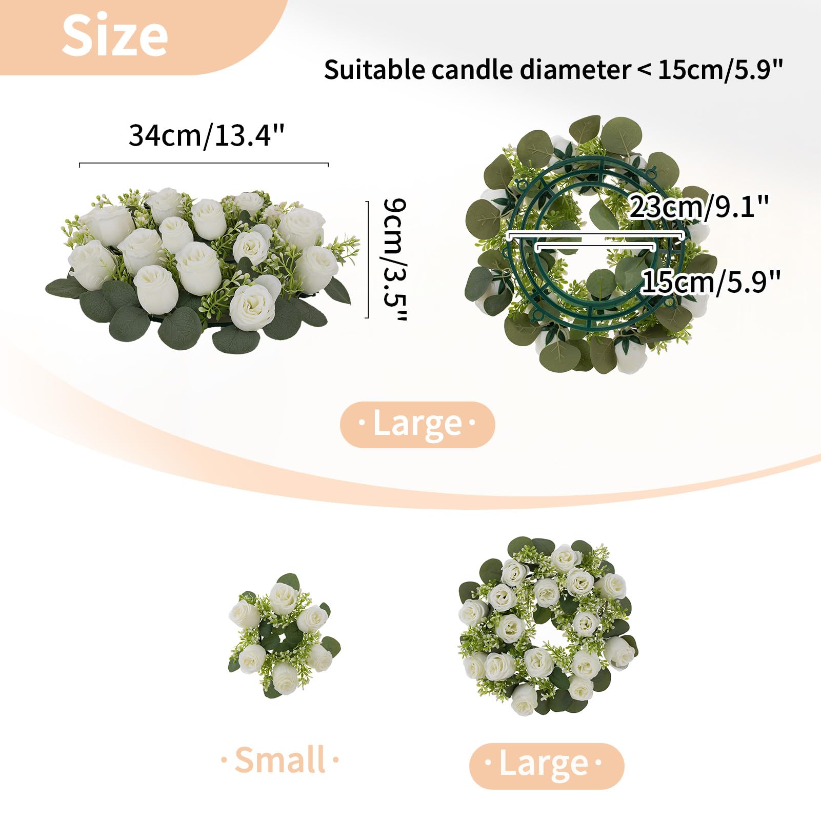 NUPTIO Artificial Flowers Candle Rings - 6 Pcs 14 inch Diam Large White Fake Roses Wreath Wedding Centerpieces for Tables Spring Summer Wreath for Front Door Weddings Party Ceremony Bouquet Decor