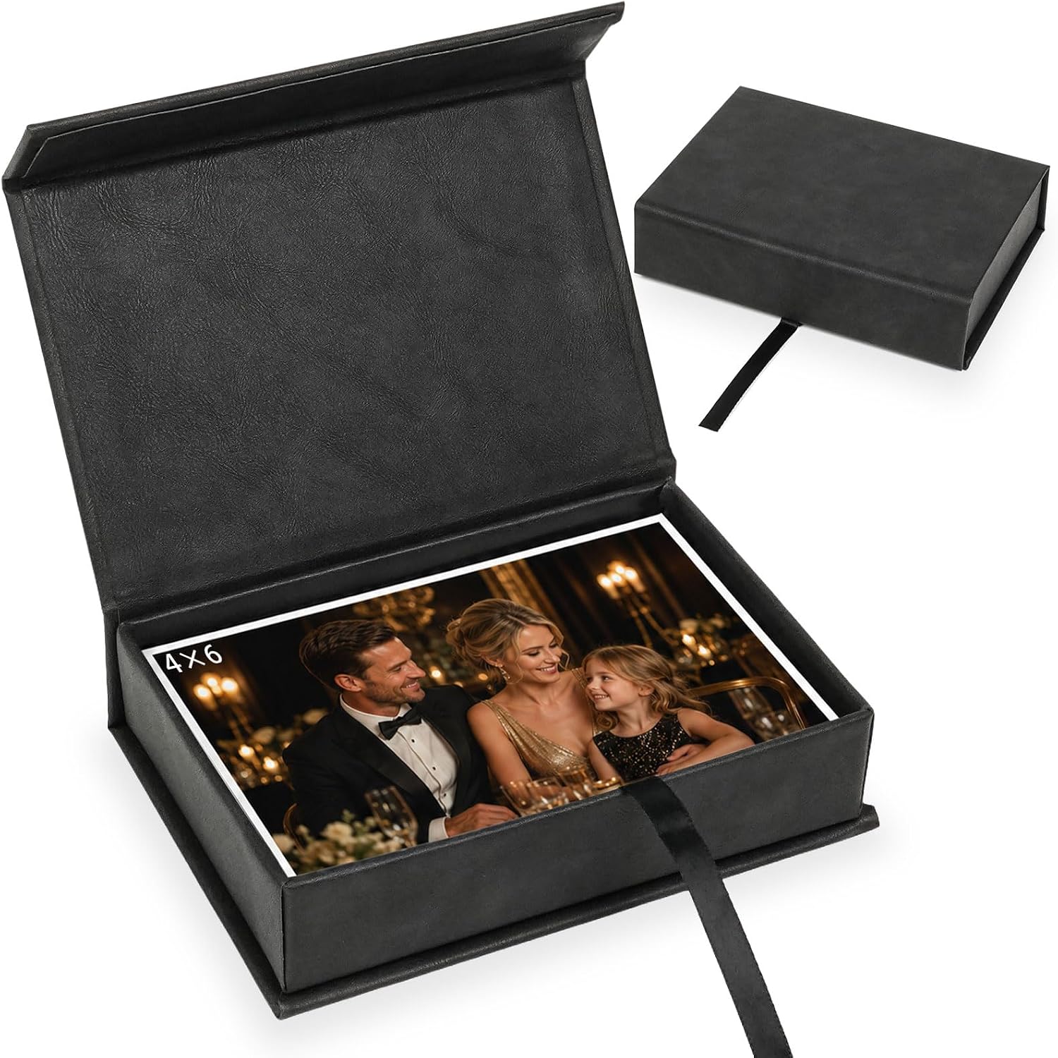 Photo Storage Box, Faux Leather Stackable – Black, 4×6 Inch